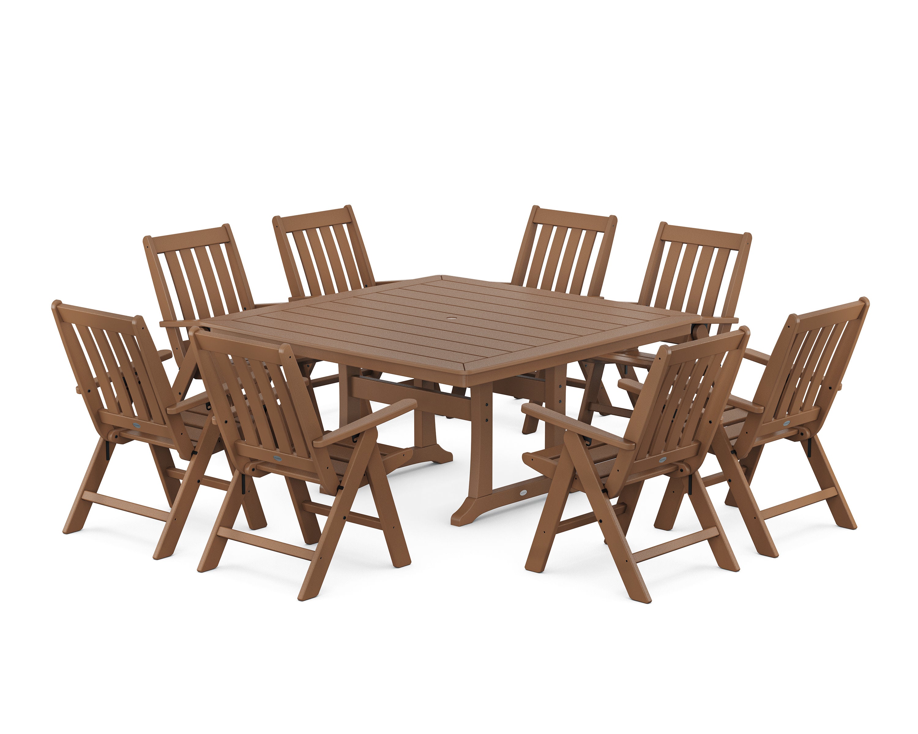 Vineyard Folding Chair 9-Piece Square Dining Set with Trestle Legs in Teak