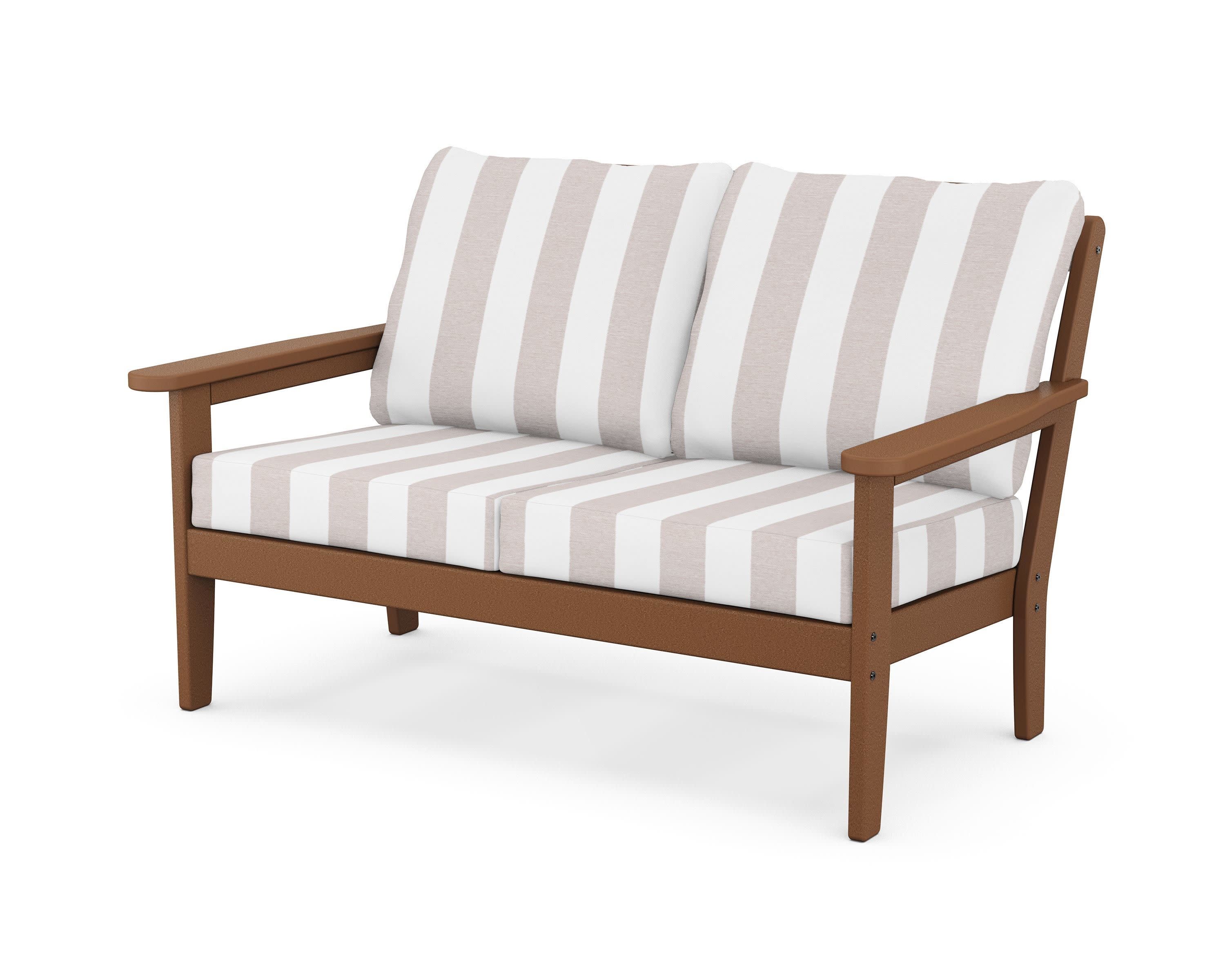 Cottage Deep Seating Loveseat in Teak / Cabana Stripe Dune Burlap