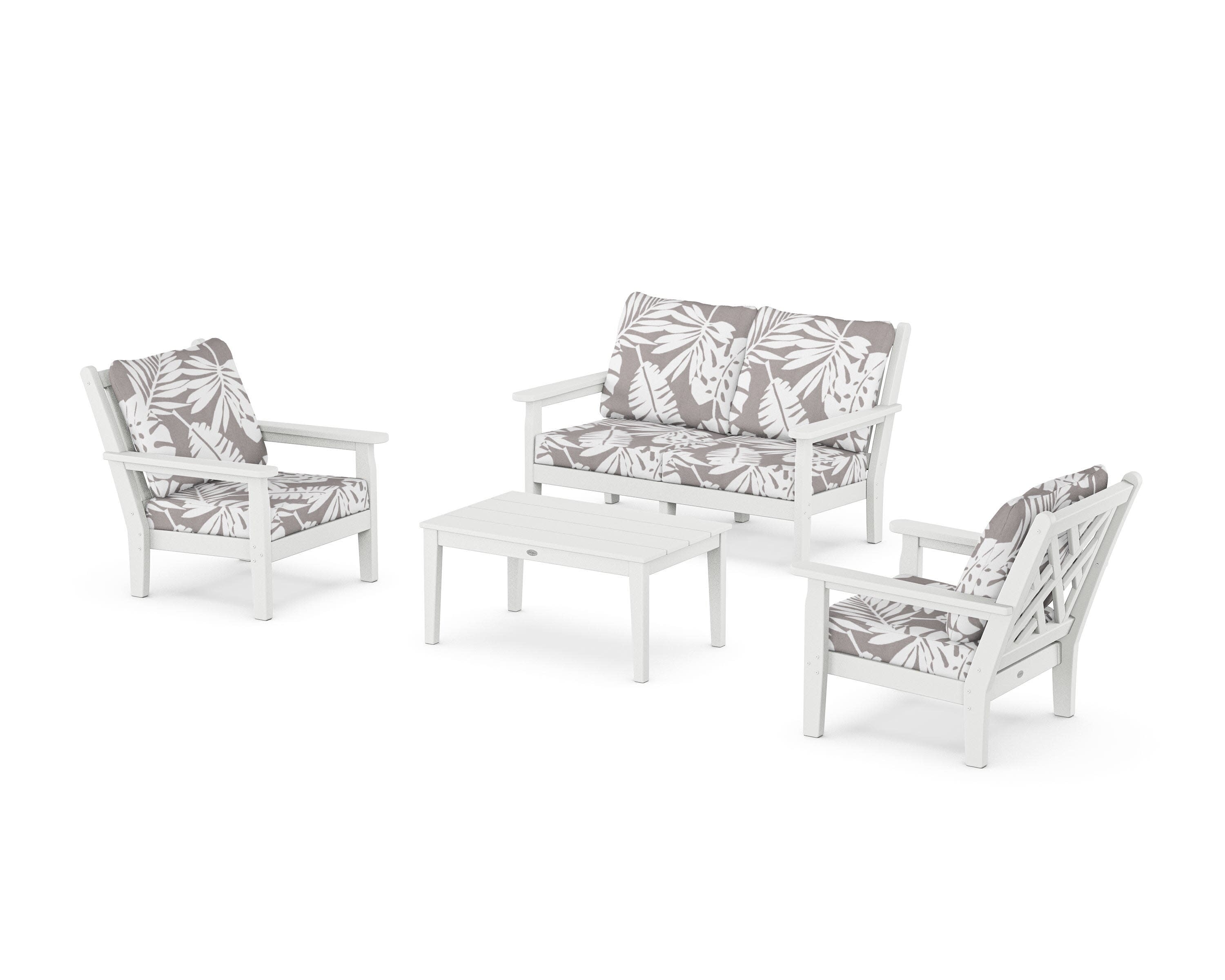 Chippendale 4-Piece Deep Seating Set with Loveseat in White / Leaf Grey Mist