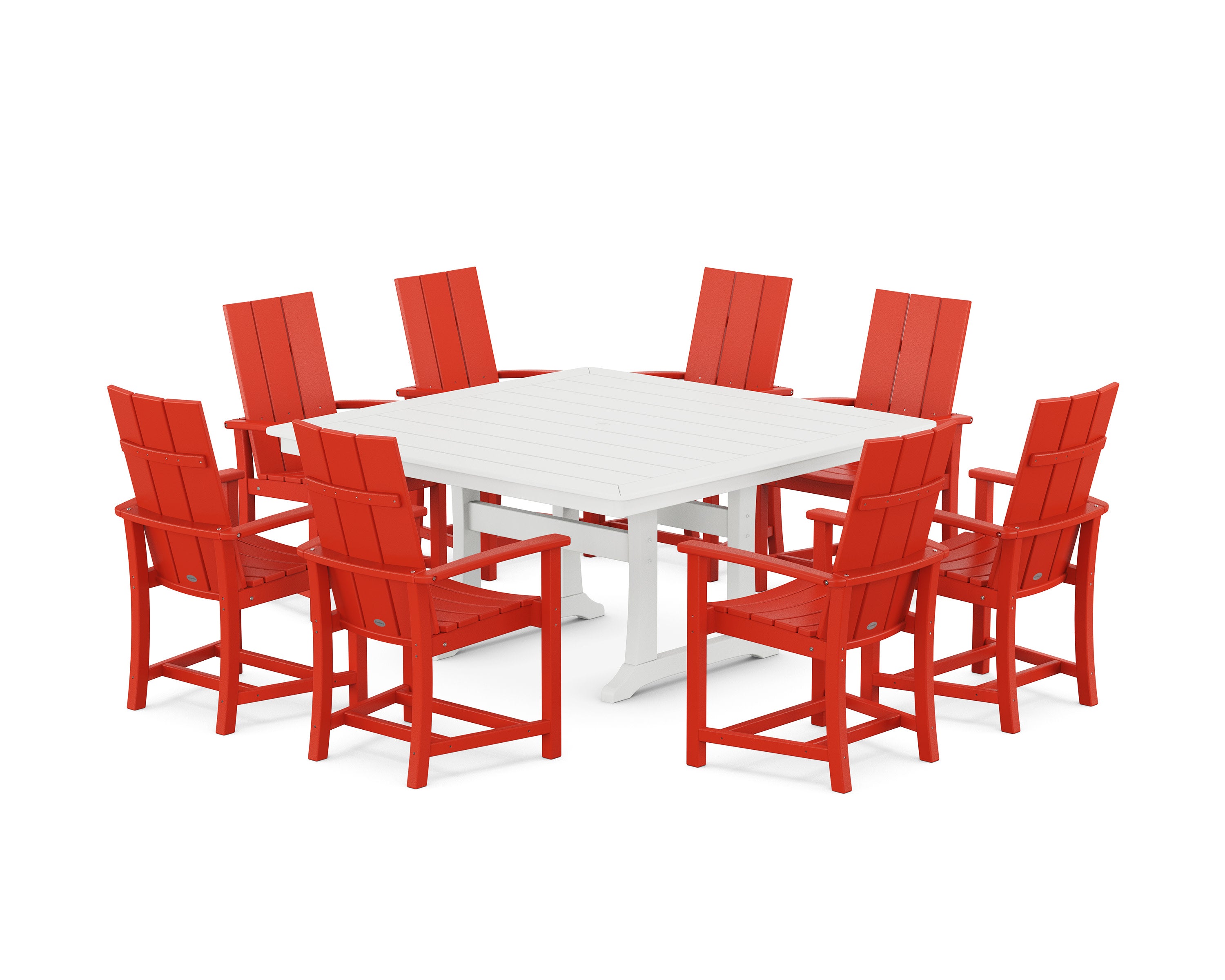 Modern Adirondack 9-Piece Square Dining Set with Trestle Legs in Sunset Red / White