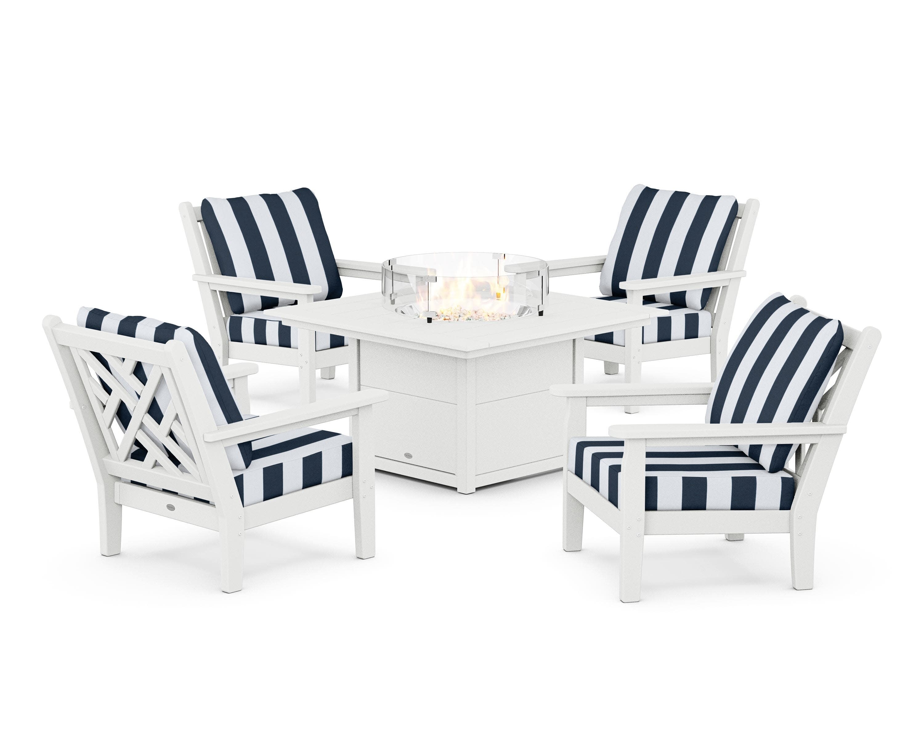 Chippendale 5-Piece Deep Seating Set with Fire Pit Table in White / Cabana Stripe Marine Indigo