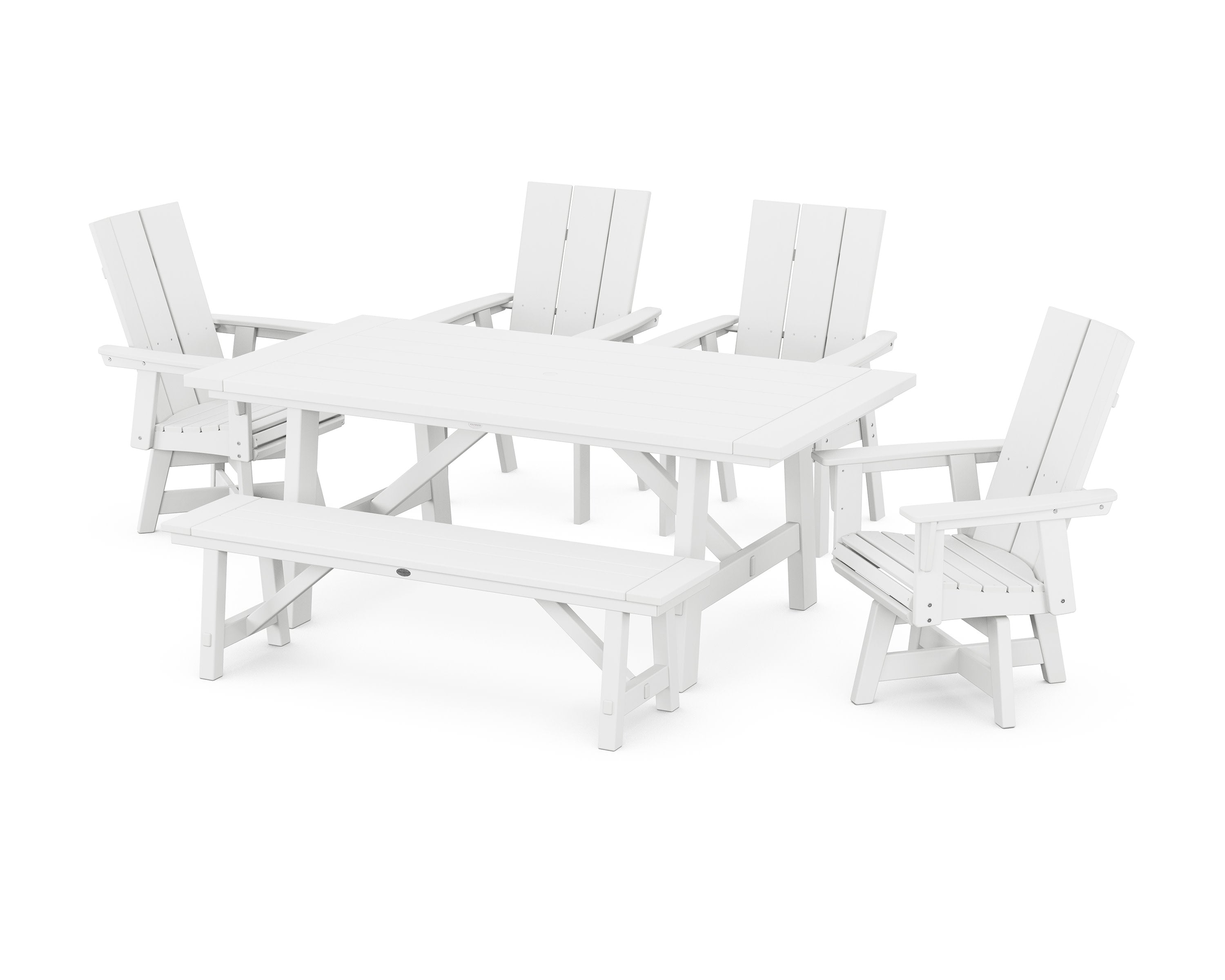 Modern Curveback Adirondack Swivel Chair 6-Piece Rustic Farmhouse Dining Set with Bench in White