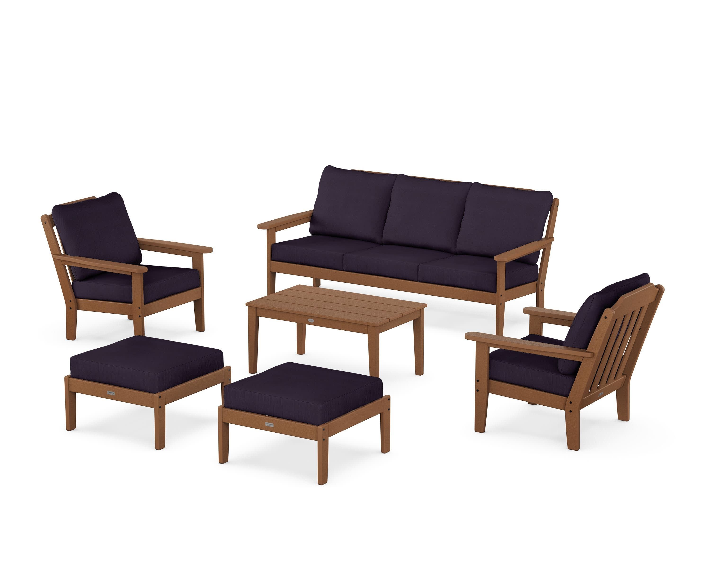 Cottage 6-Piece Lounge Sofa Set in Teak / Navy Linen