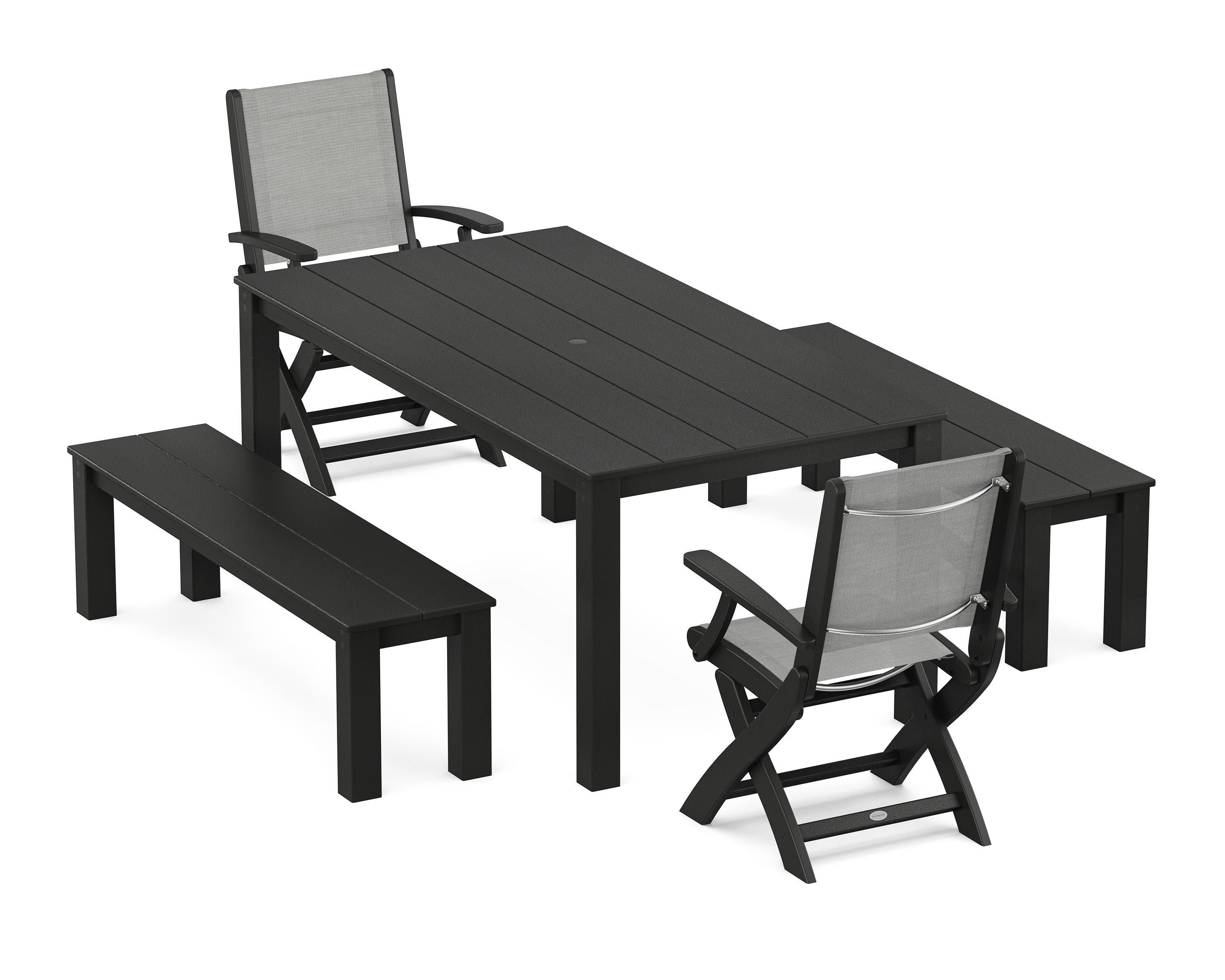 Coastal Folding Chair 5-Piece Parsons Dining Set with Benches in Black / Metallic Sling