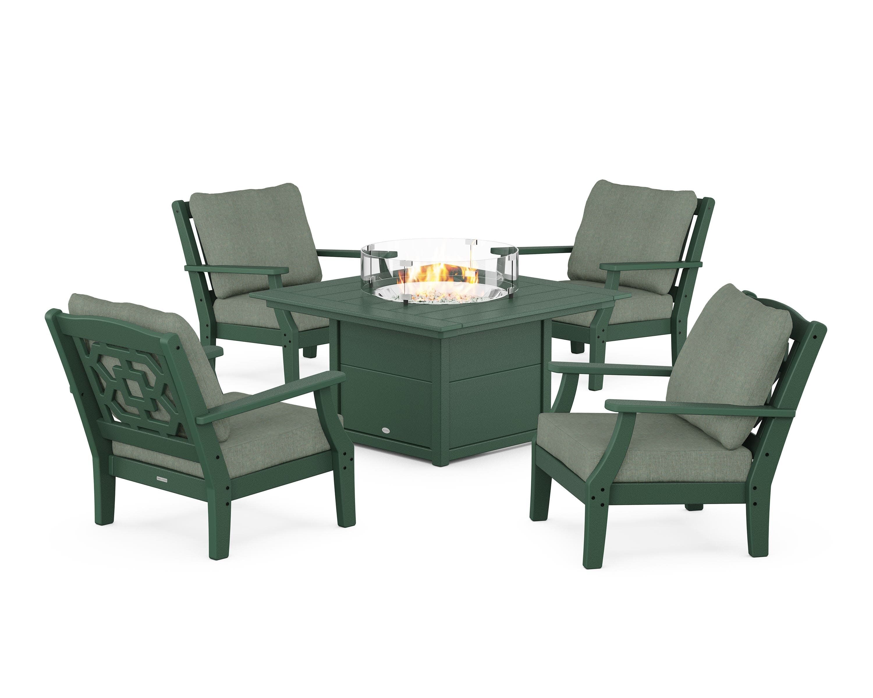 Chinoiserie 5-Piece Deep Seating Set with Fire Pit Table in Green / Cast Sage