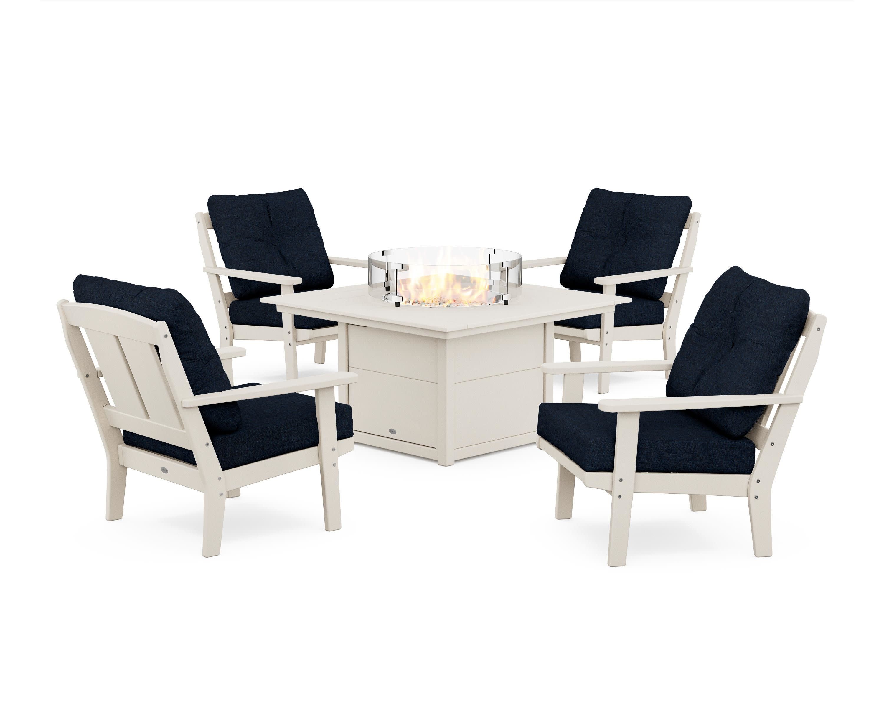 Mission 5-Piece Deep Seating Set with Fire Pit Table in Sand / Marine Indigo