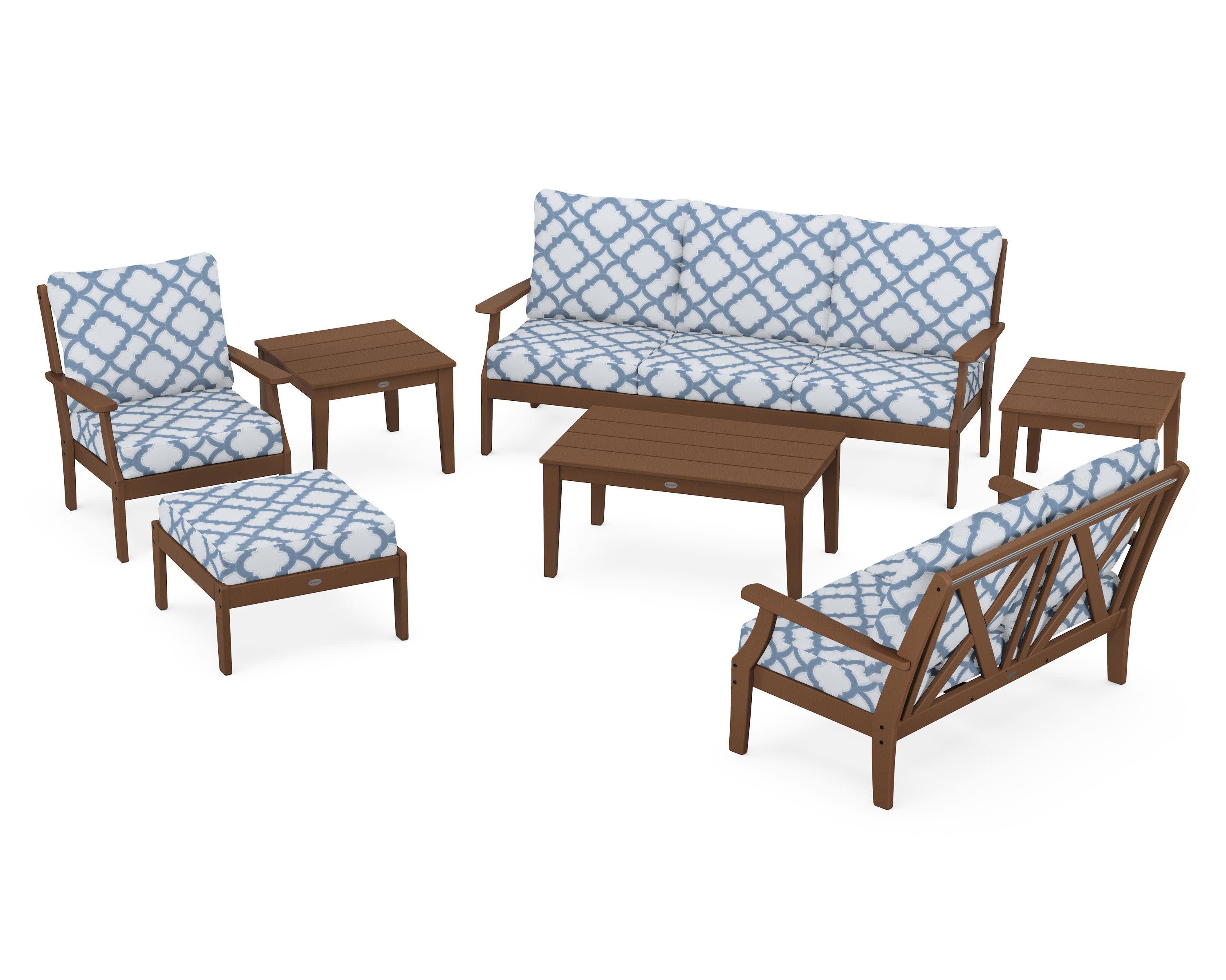 Braxton 7-Piece Deep Seating Set in Teak / Trellis Sky Blue