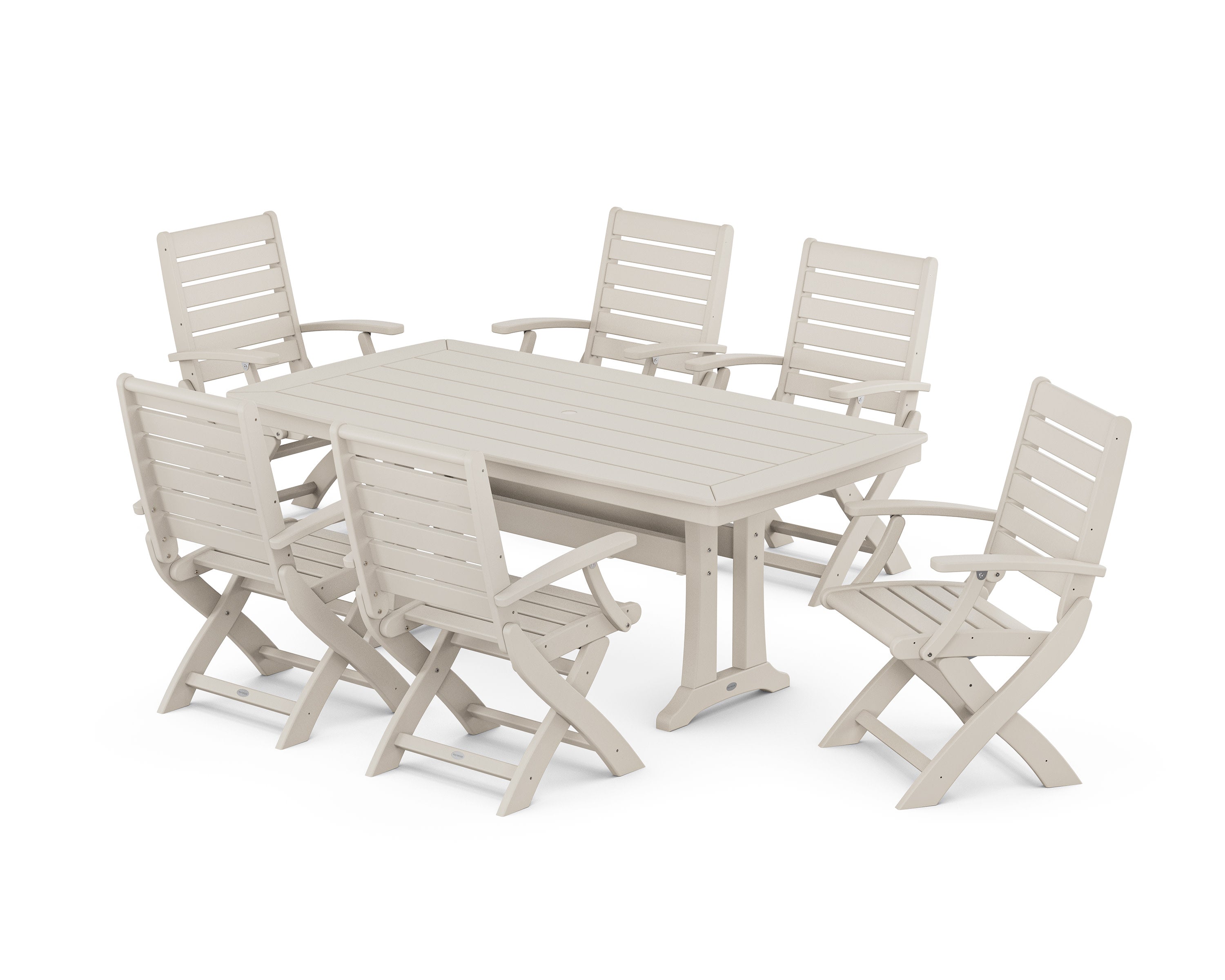 Signature Folding Chair 7-Piece Dining Set with Trestle Legs in Sand