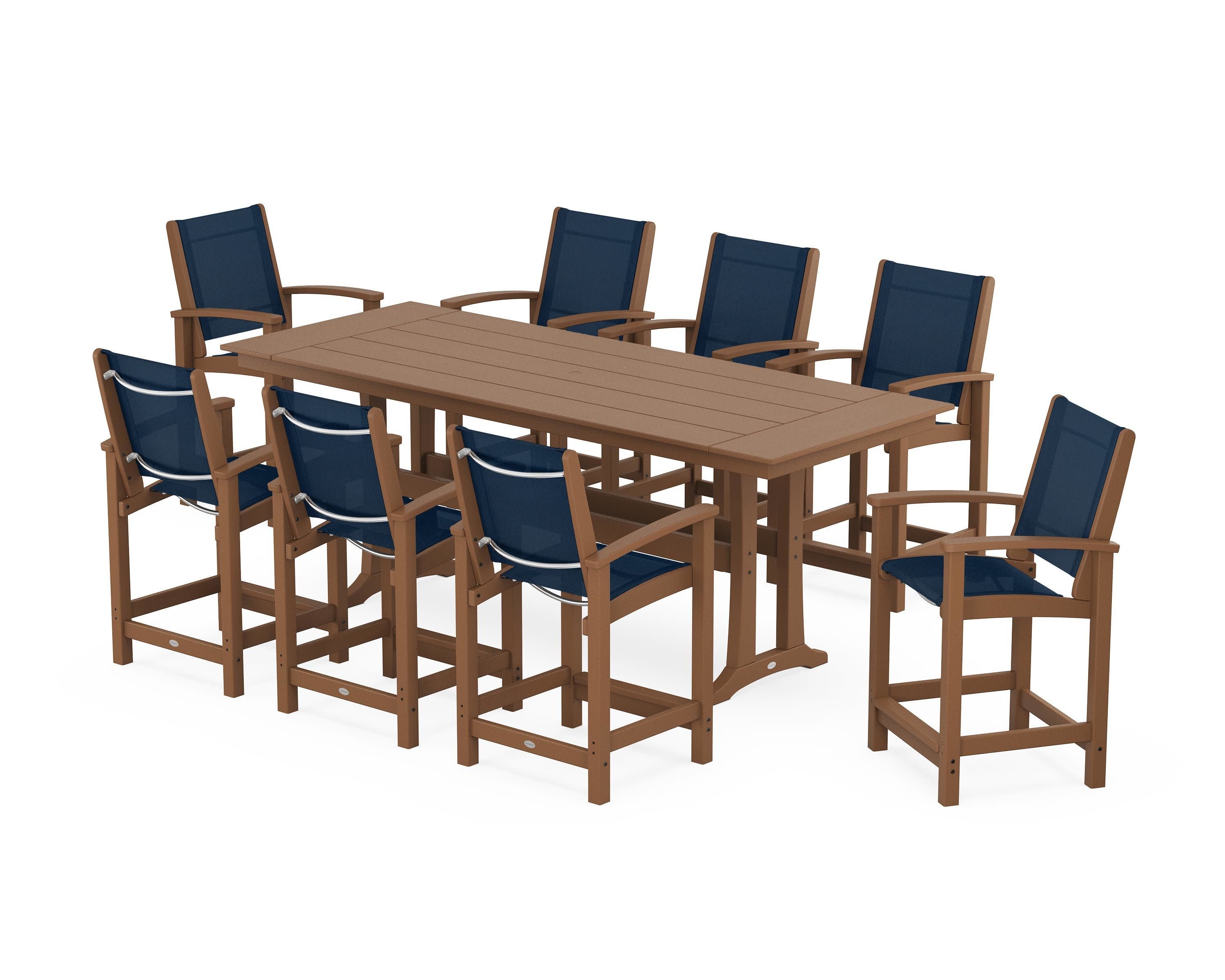 Coastal 9-Piece Farmhouse Counter Set with Trestle Legs in Teak / Navy Blue Sling