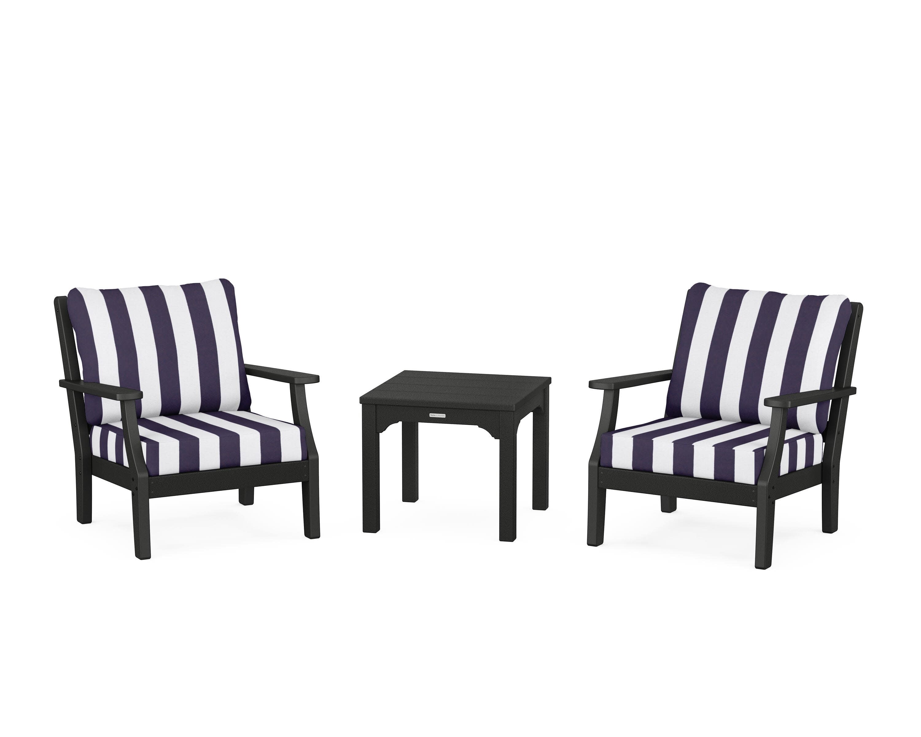 Chinoiserie 3-Piece Deep Seating Set in Black / Cabana Stripe Navy