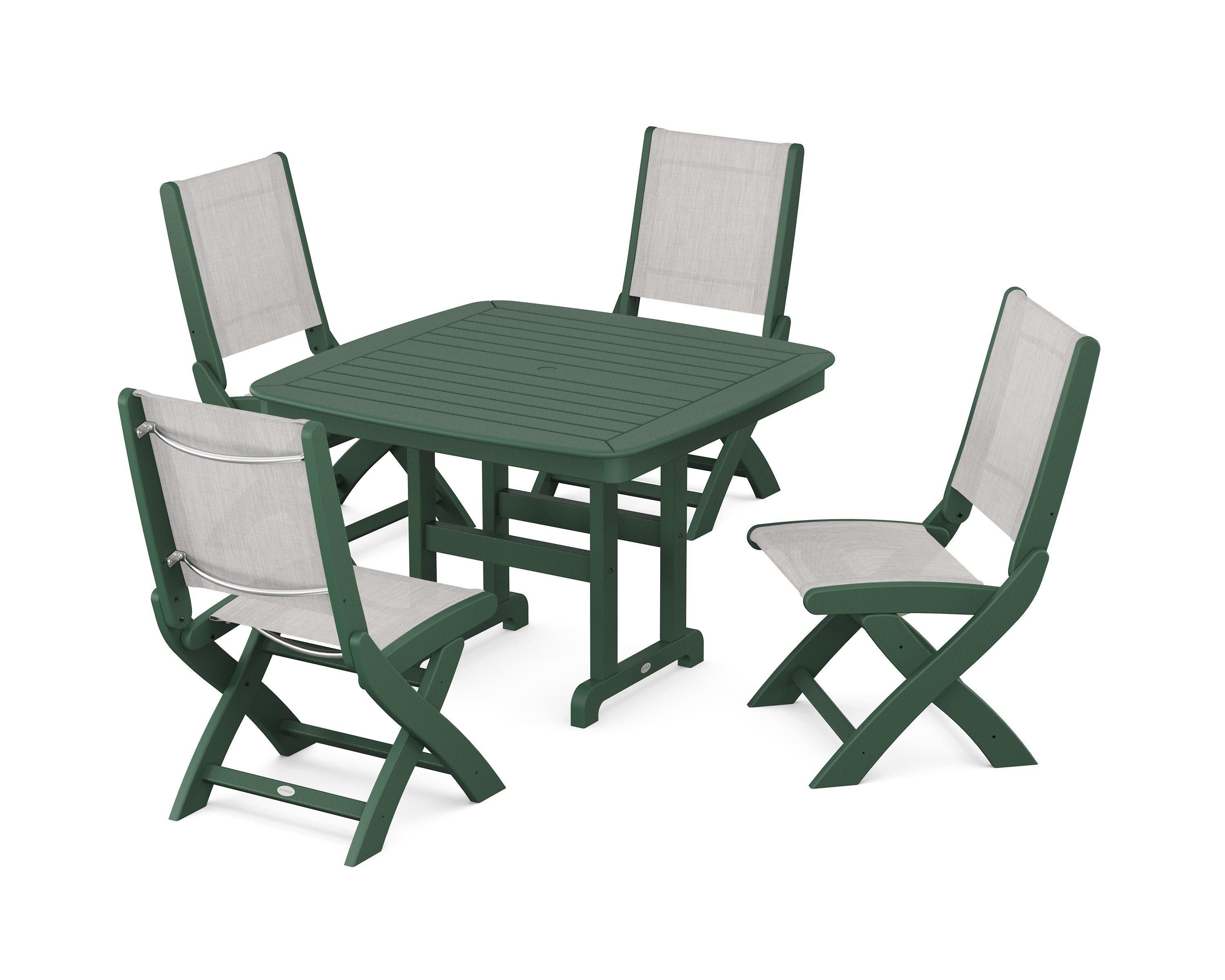 Coastal Folding Side Chair 5-Piece Dining Set in Green / Parchment Sling