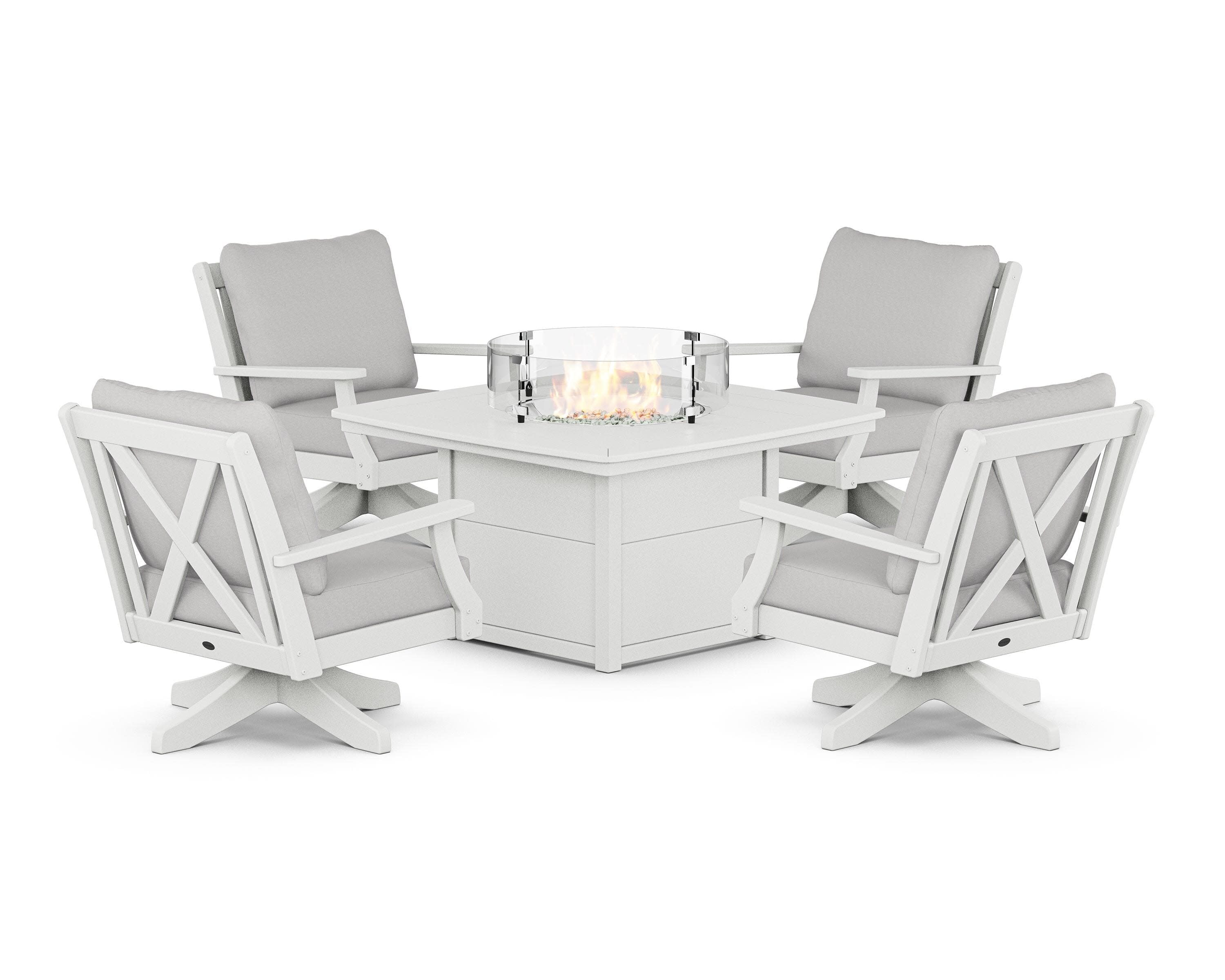 Braxton 5-Piece Deep Seating Swivel Conversation Set with Fire Pit Table in White / Diamond in the Rough