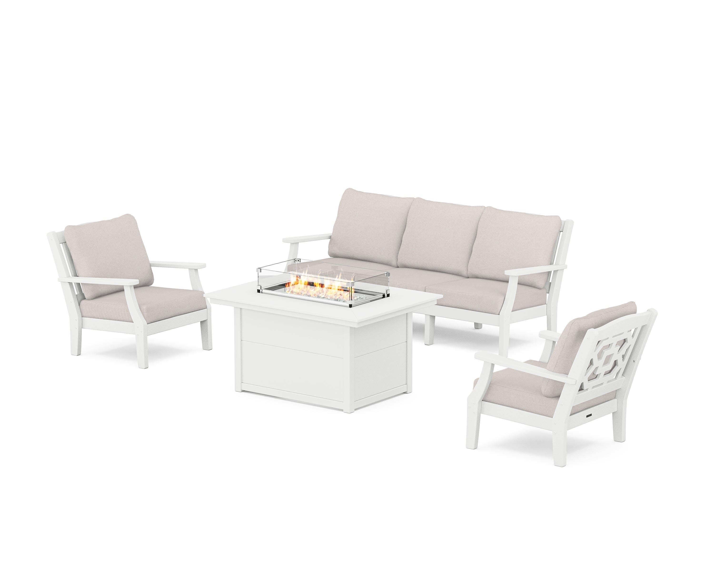 Chinoiserie Deep Seating Fire Pit Table Set in White / Dune Burlap