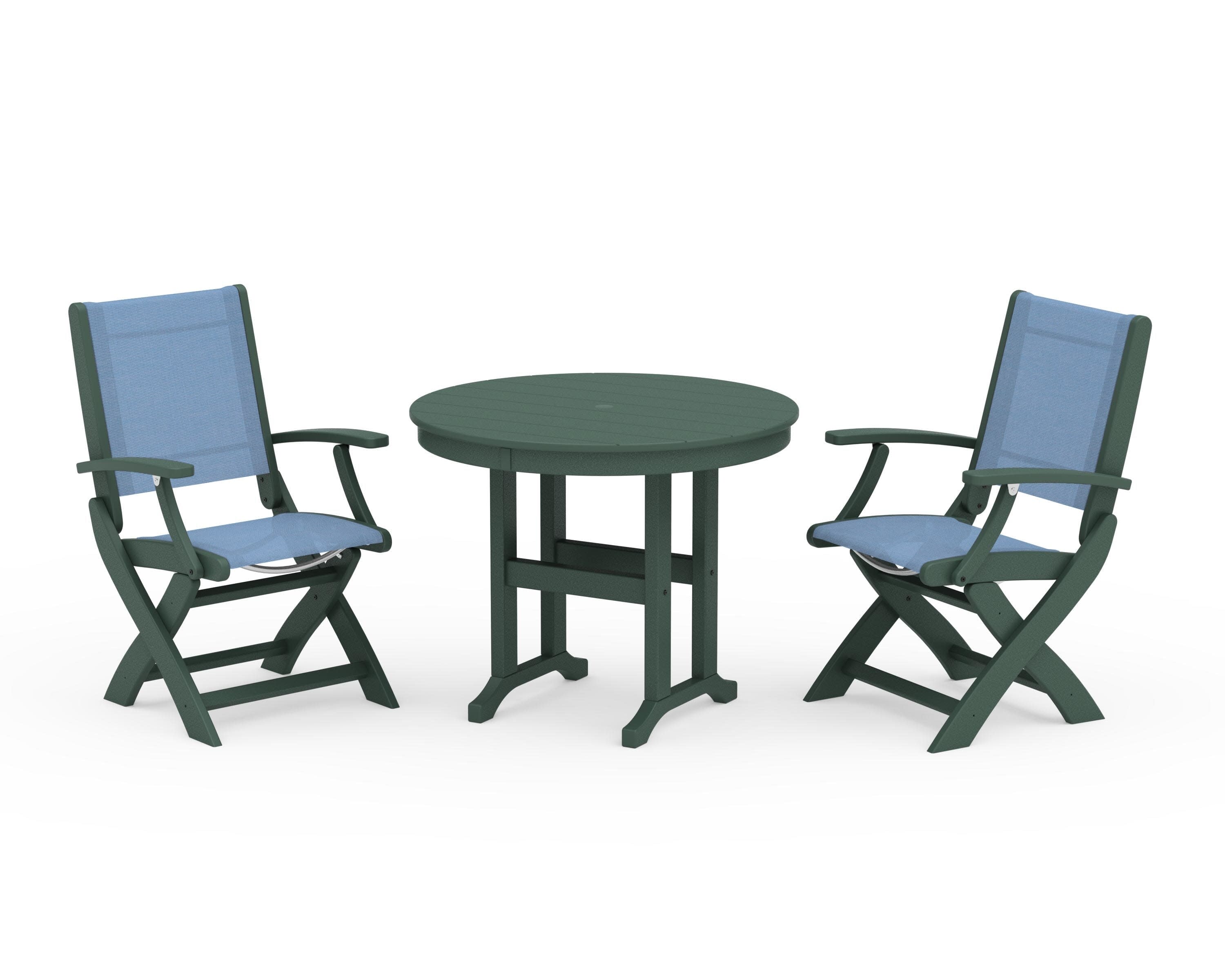 Coastal Folding Chair 3-Piece Round Dining Set in Green / Poolside Sling