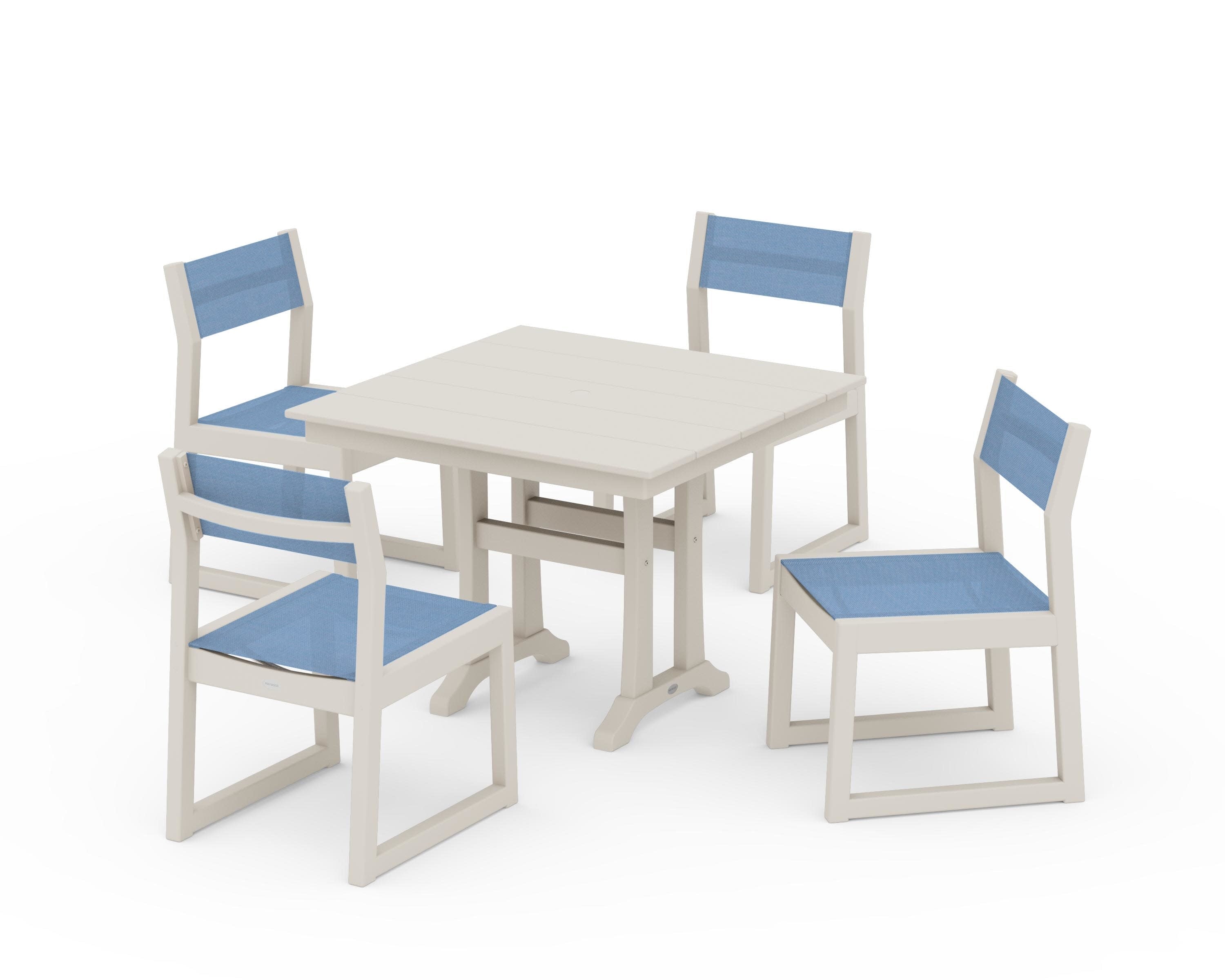 EDGE Sling 5-Piece Farmhouse Trestle Side Chair Dining Set in Sand / Poolside Sling