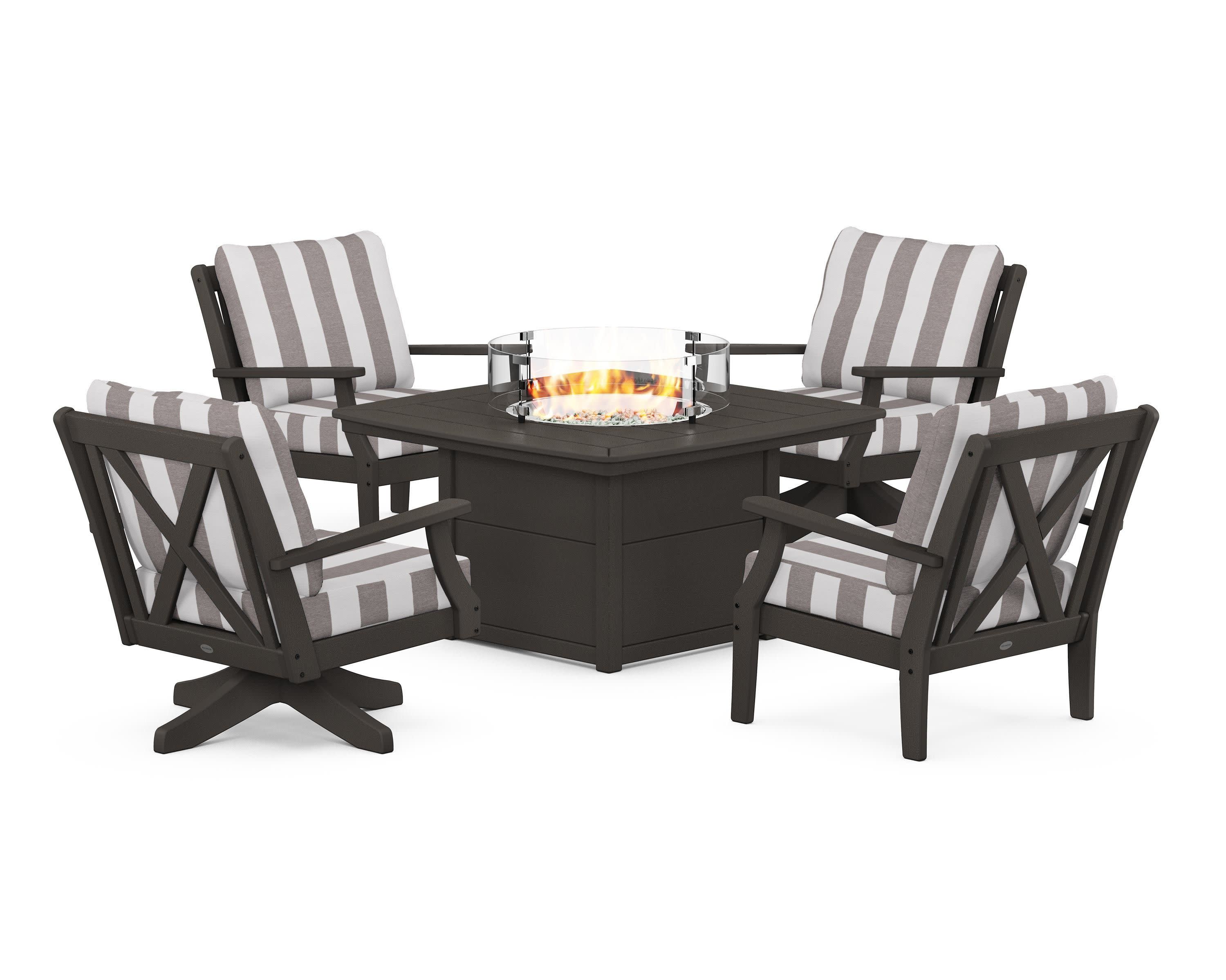 Braxton 5-Piece Deep Seating Set with Fire Table in Vintage Coffee / Cabana Stripe Grey Mist