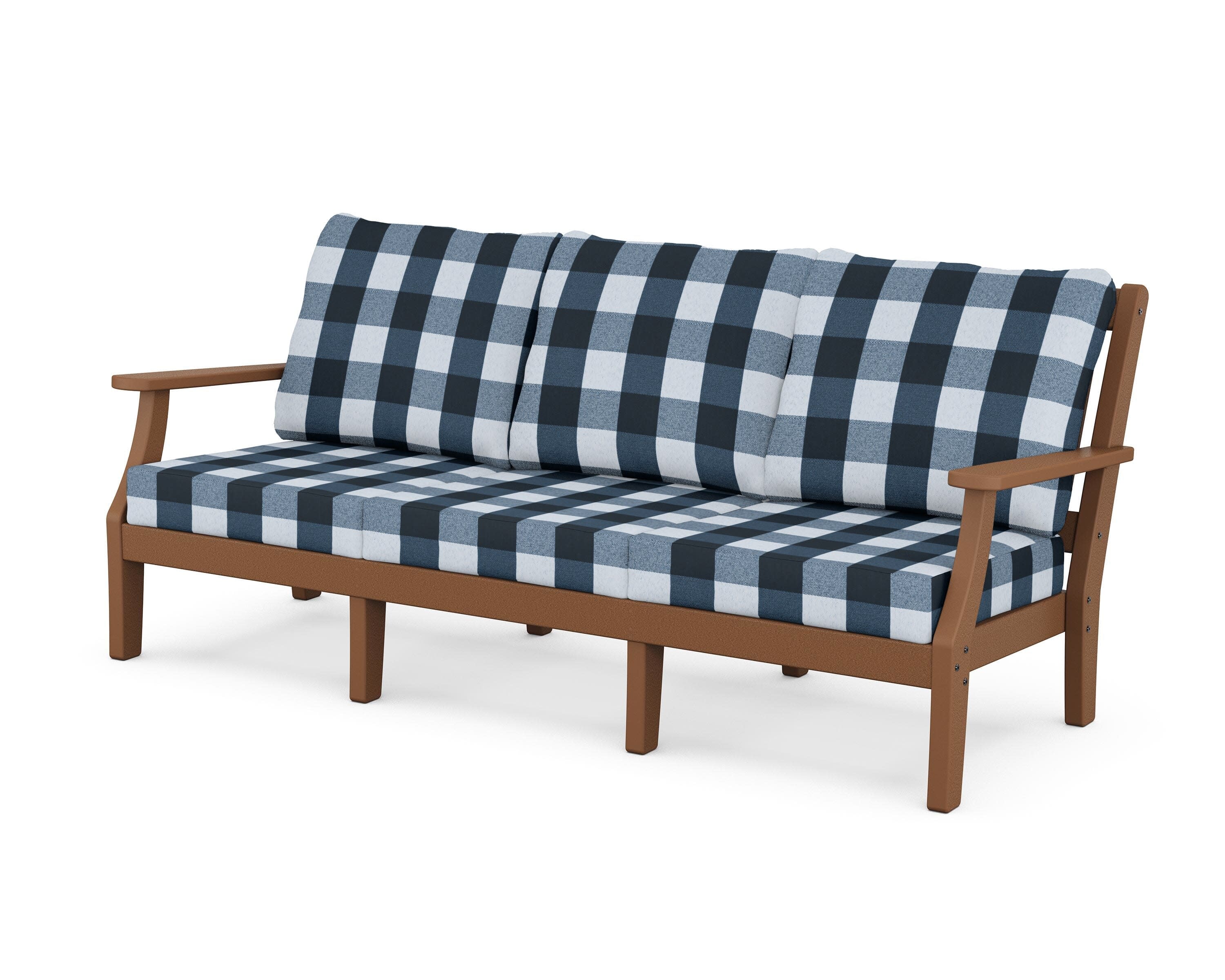 Chinoiserie Deep Seating Sofa in Teak / Buffalo Plaid Marine Indigo
