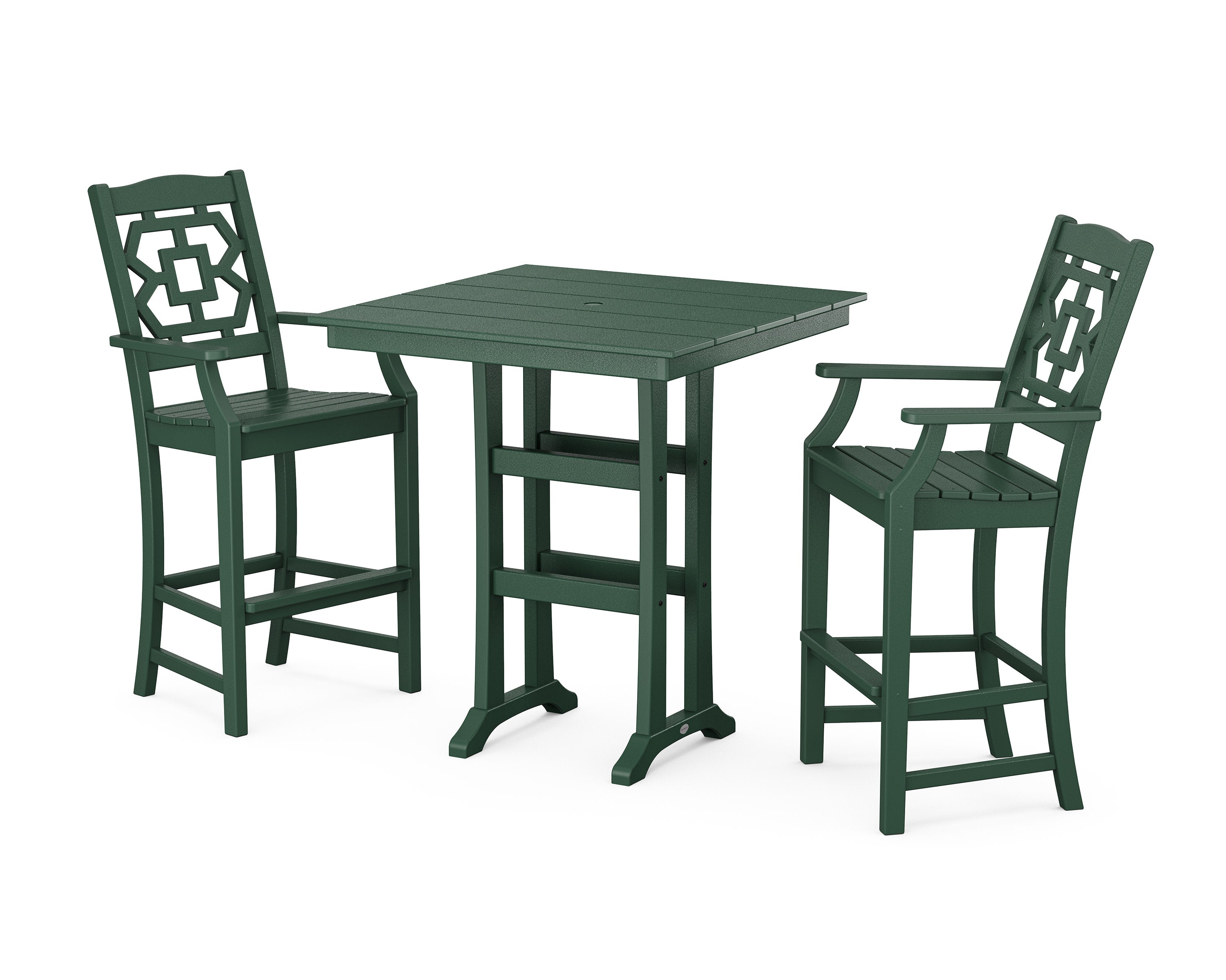 Chinoiserie 3-Piece Farmhouse Bar Set with Trestle Legs in Green