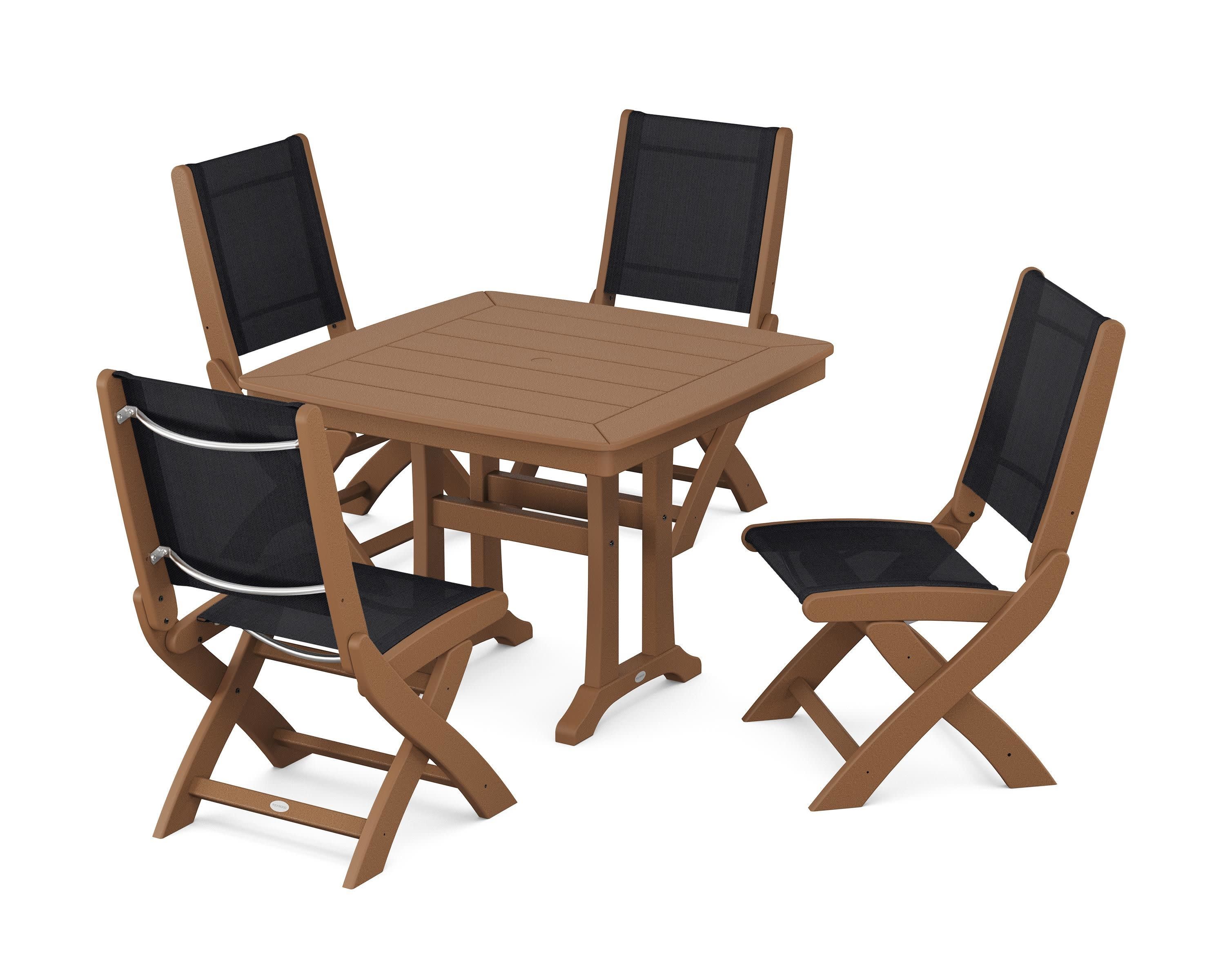 Coastal Folding Side Chair 5-Piece Dining Set with Trestle Legs in Teak / Black Sling
