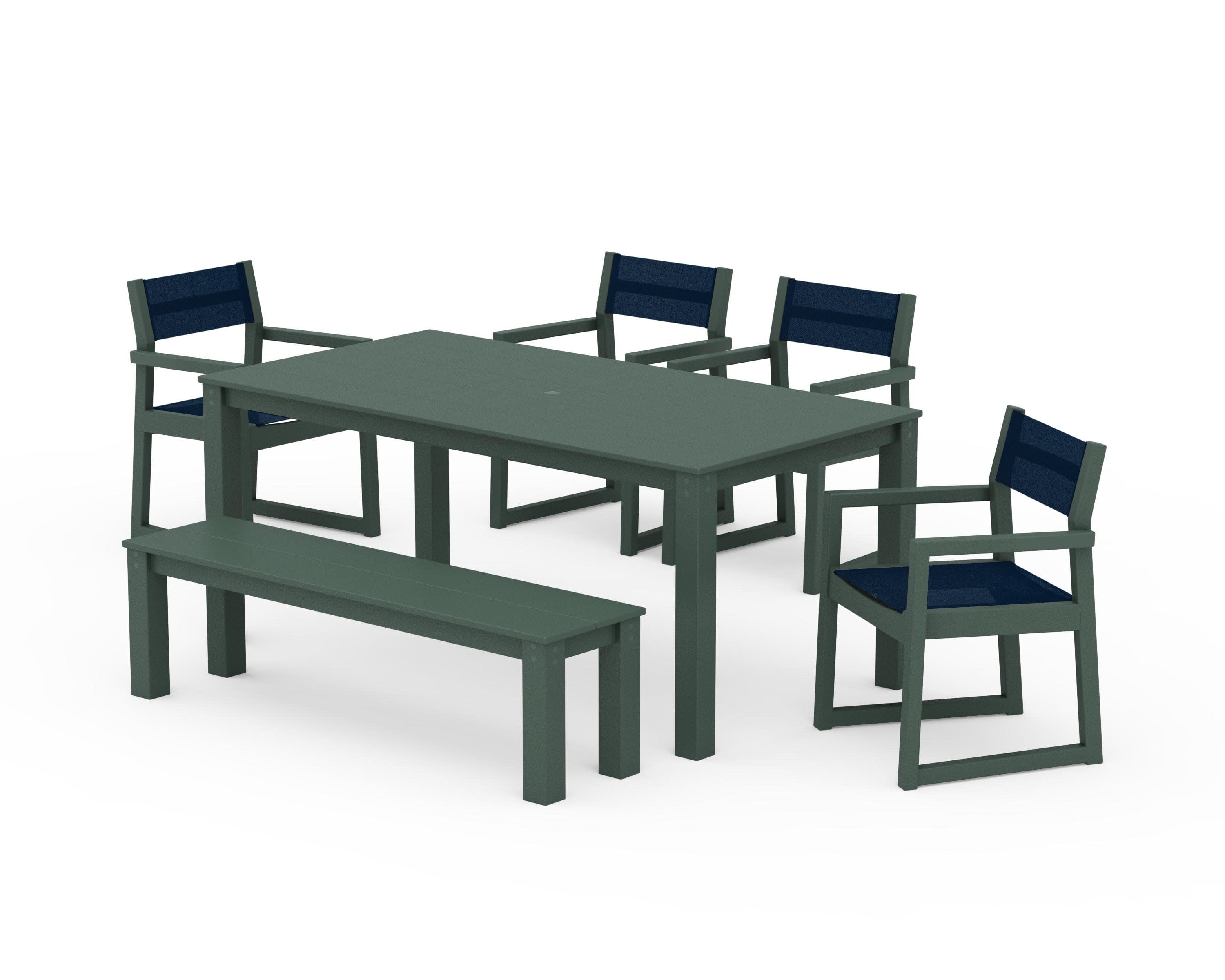 EDGE Sling Arm Chair 6-Piece Parsons Dining Set with Bench in Green / Navy Blue Sling
