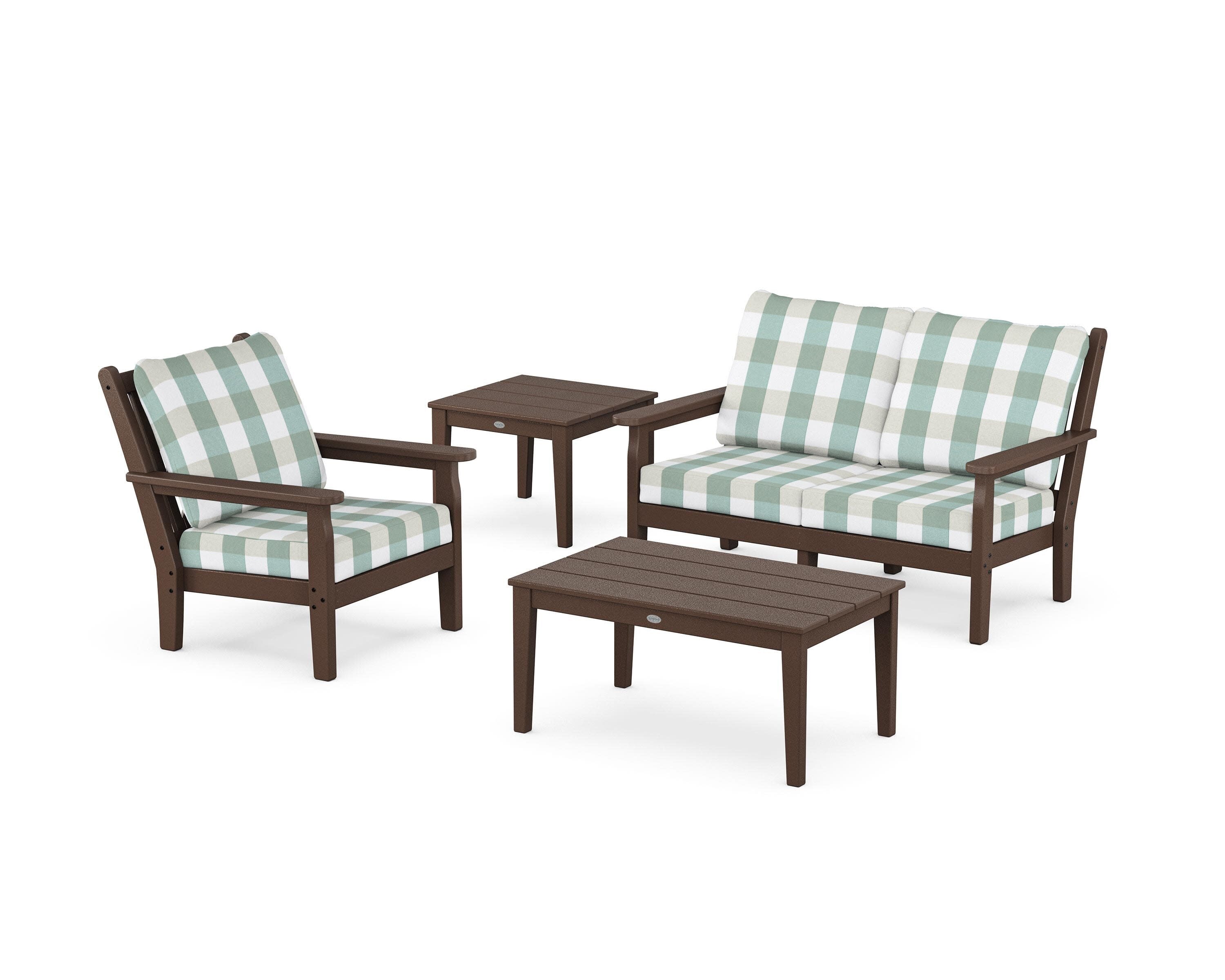 Chippendale 4-Piece Deep Seating Set in Mahogany / Buffalo Plaid Glacier Spa