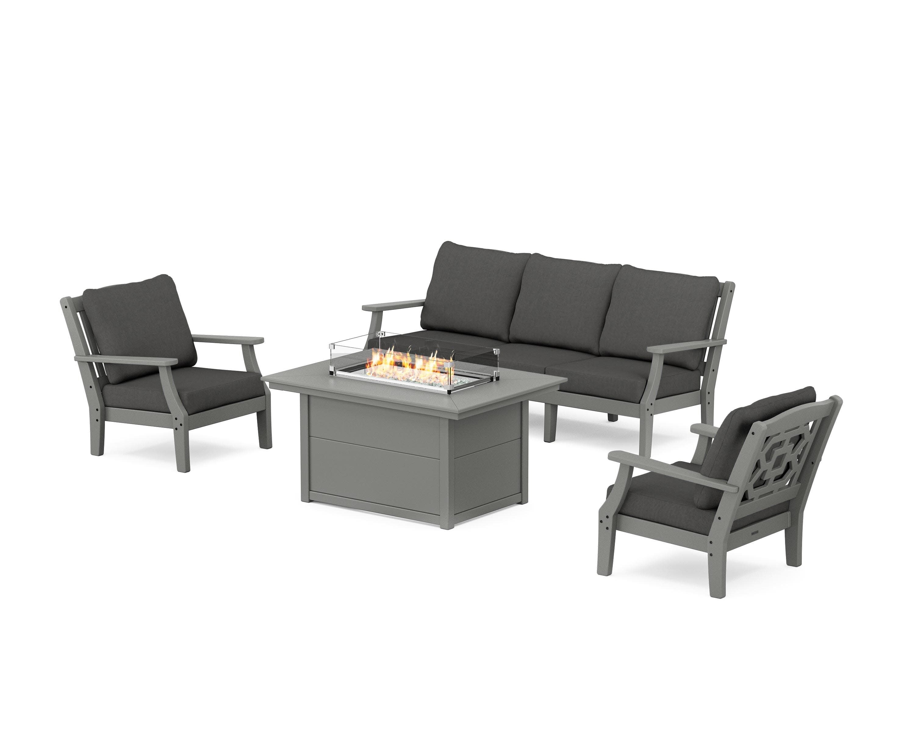 Chinoiserie Deep Seating Fire Pit Table Set in Slate Grey / Spectrum Carbon