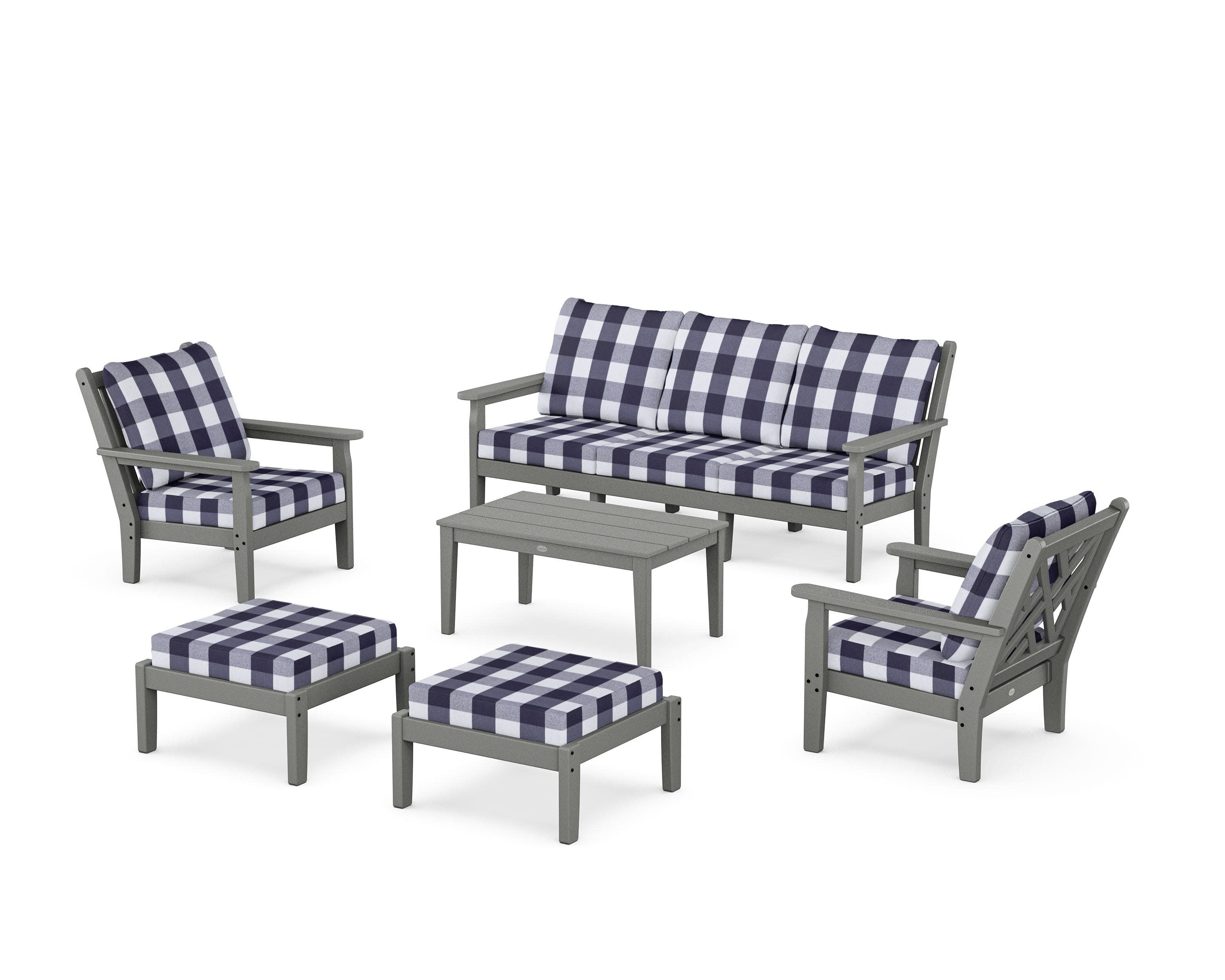 Chippendale 6-Piece Lounge Sofa Set in Slate Grey / Buffalo Plaid Navy
