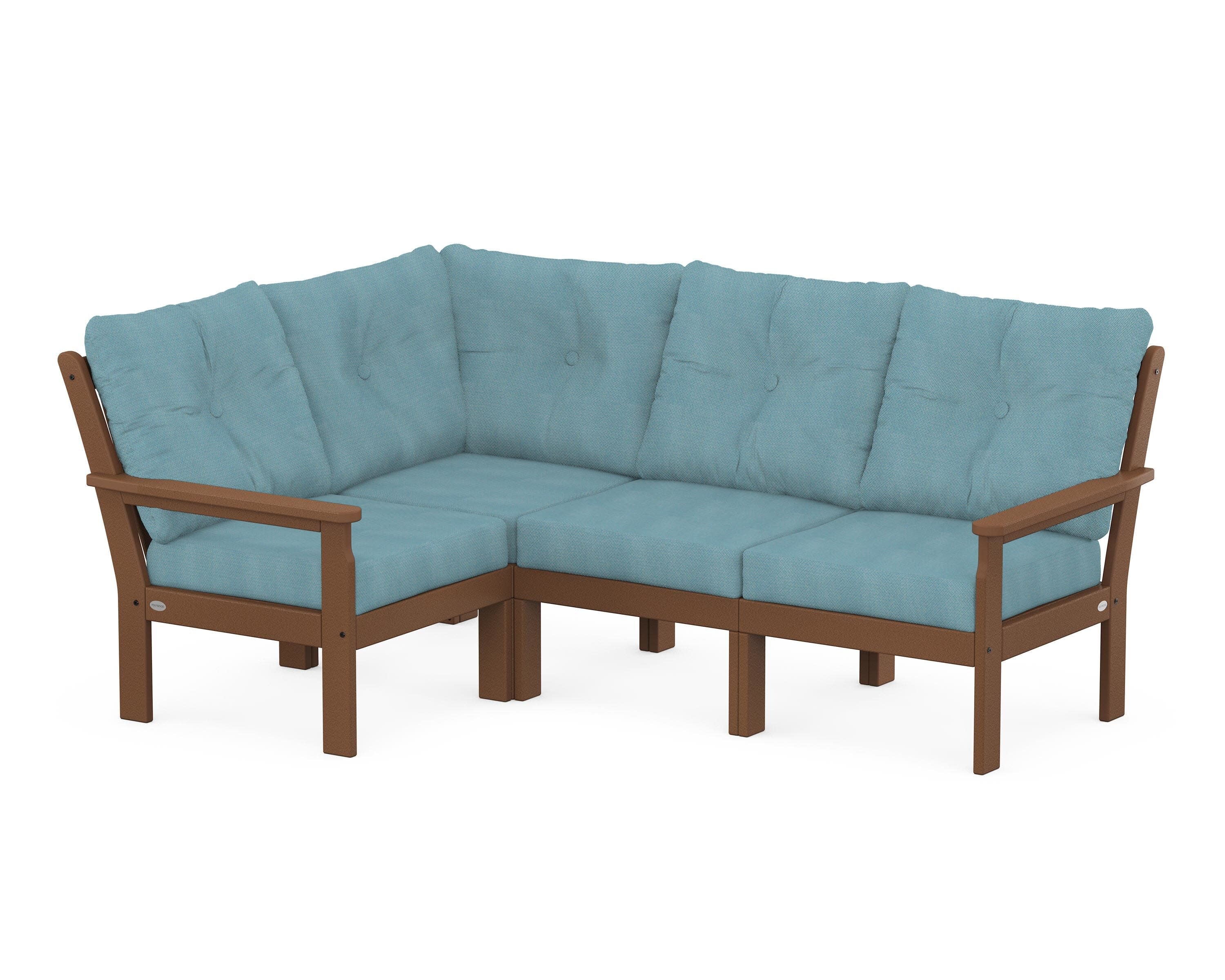 Vineyard 4-Piece Sectional in Teak / Lattice Sky Blue