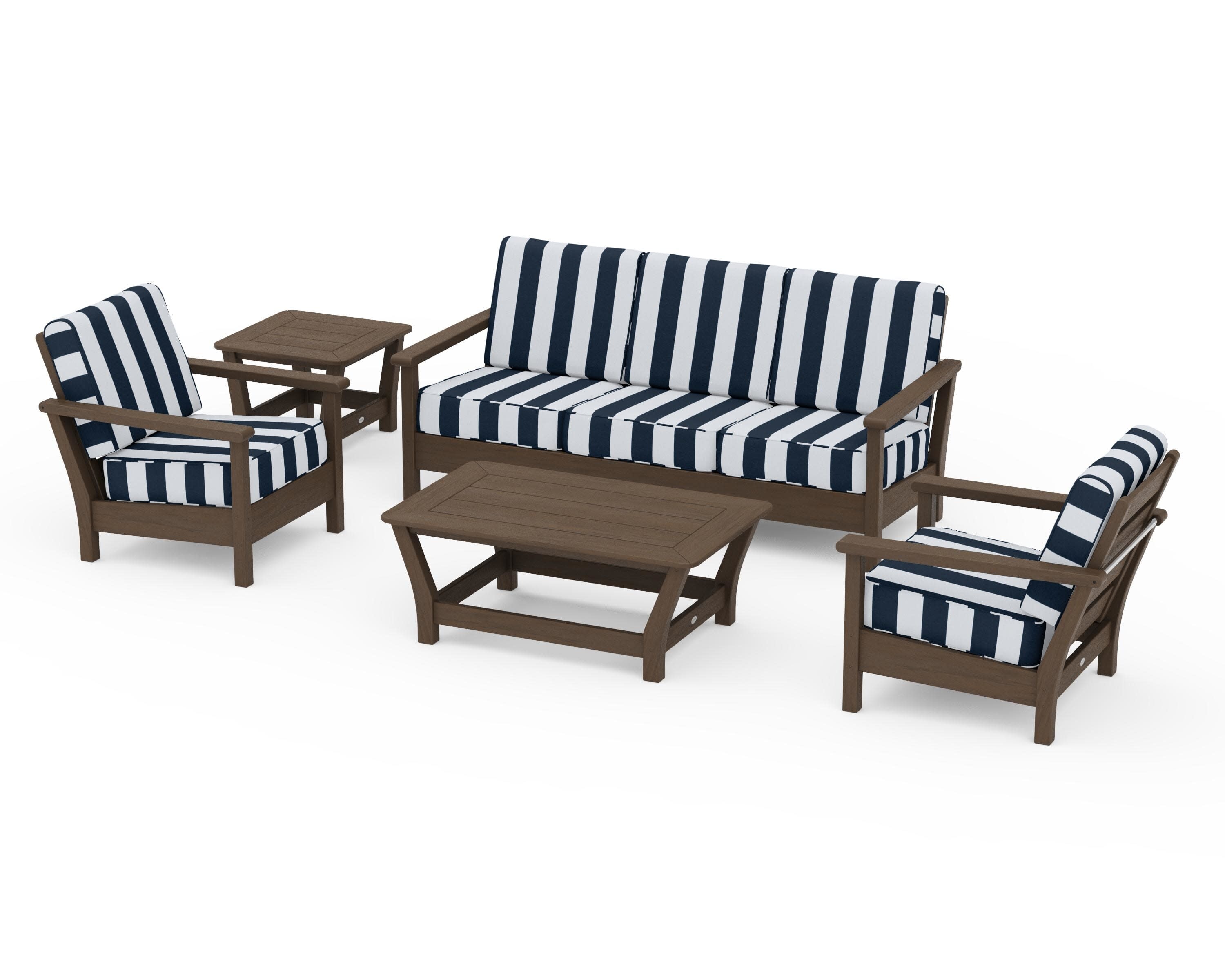 Harbour 5-Piece Deep Seating Set in Kona / Cabana Stripe Marine Indigo