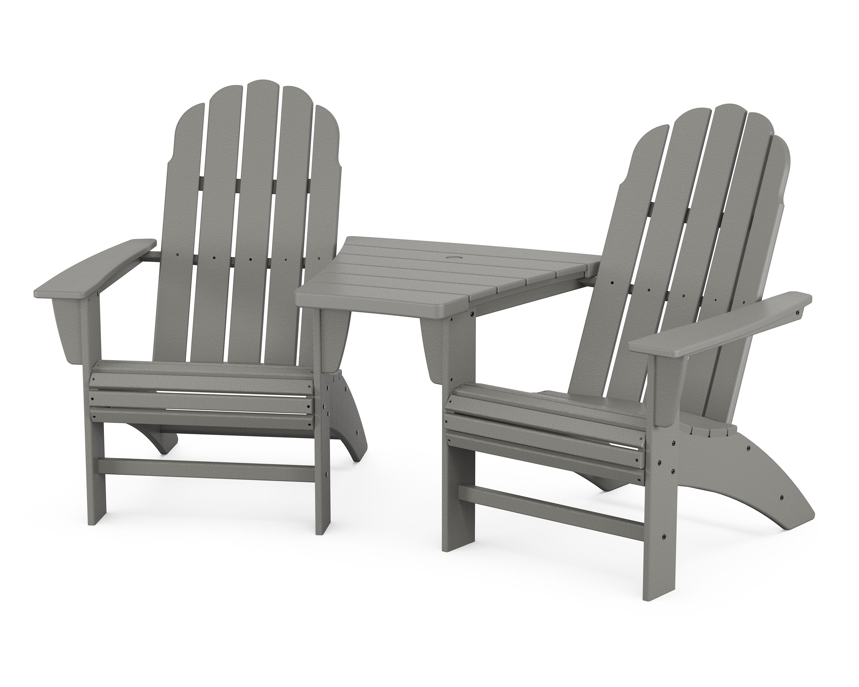 Vineyard 3-Piece Curveback Adirondack Set with Angled Connecting Table in Slate Grey