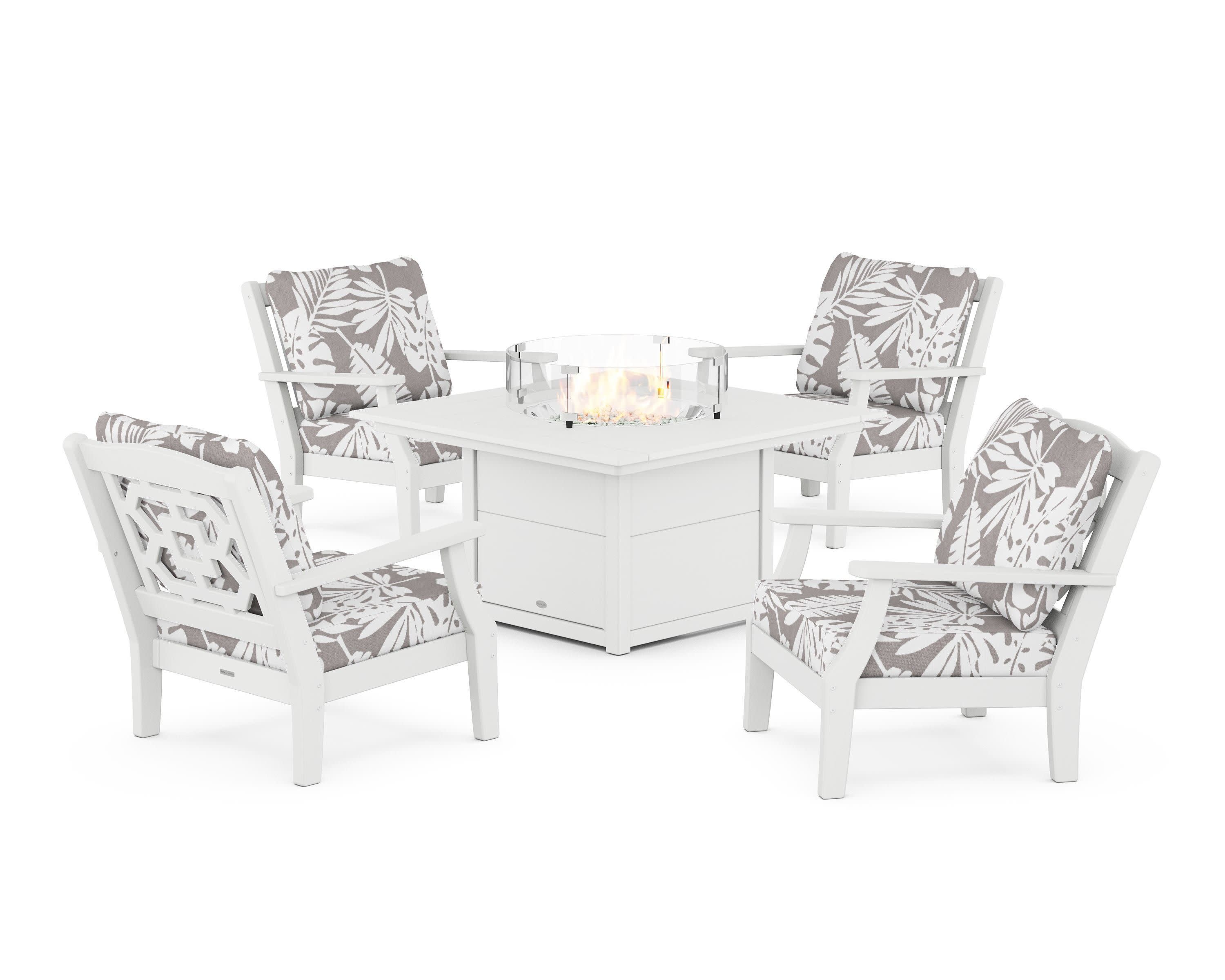 Chinoiserie 5-Piece Deep Seating Set with Fire Pit Table in White / Leaf Grey Mist