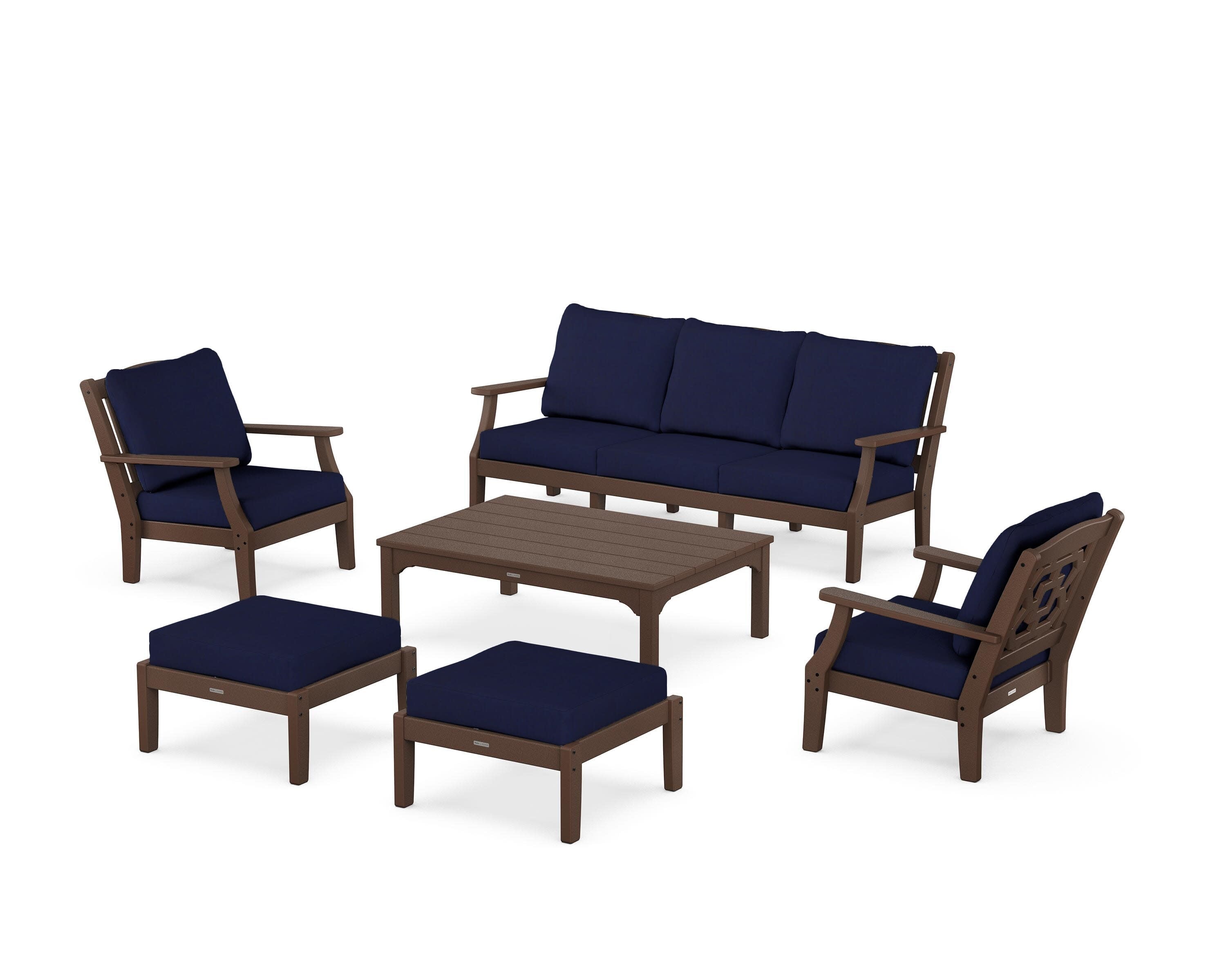 Chinoiserie 6-Piece Lounge Sofa Set in Mahogany / Navy