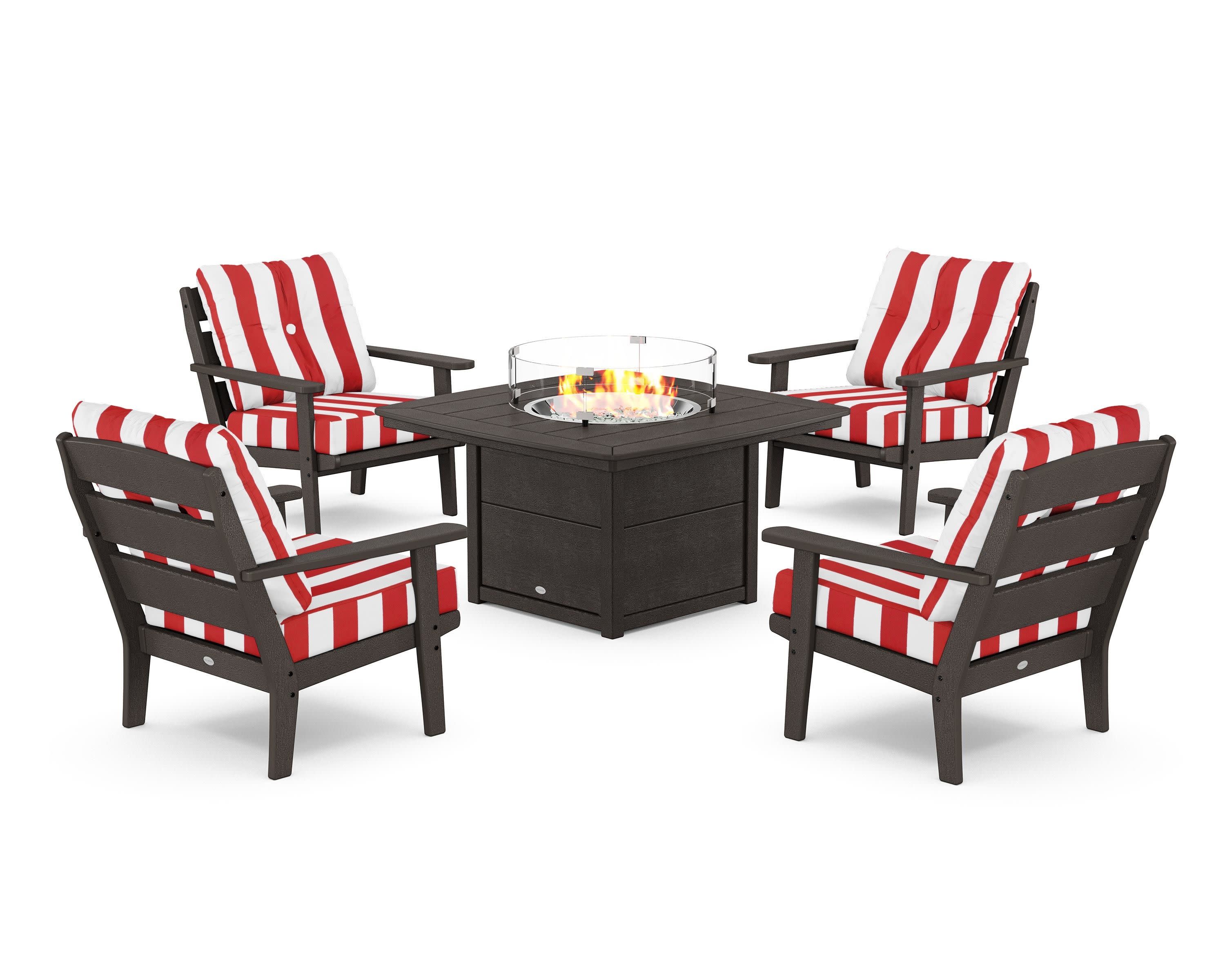 Lakeside 5-Piece Deep Seating Set with Nautical Fire Pit Table in Vintage Coffee / Cabana Stripe Crimson