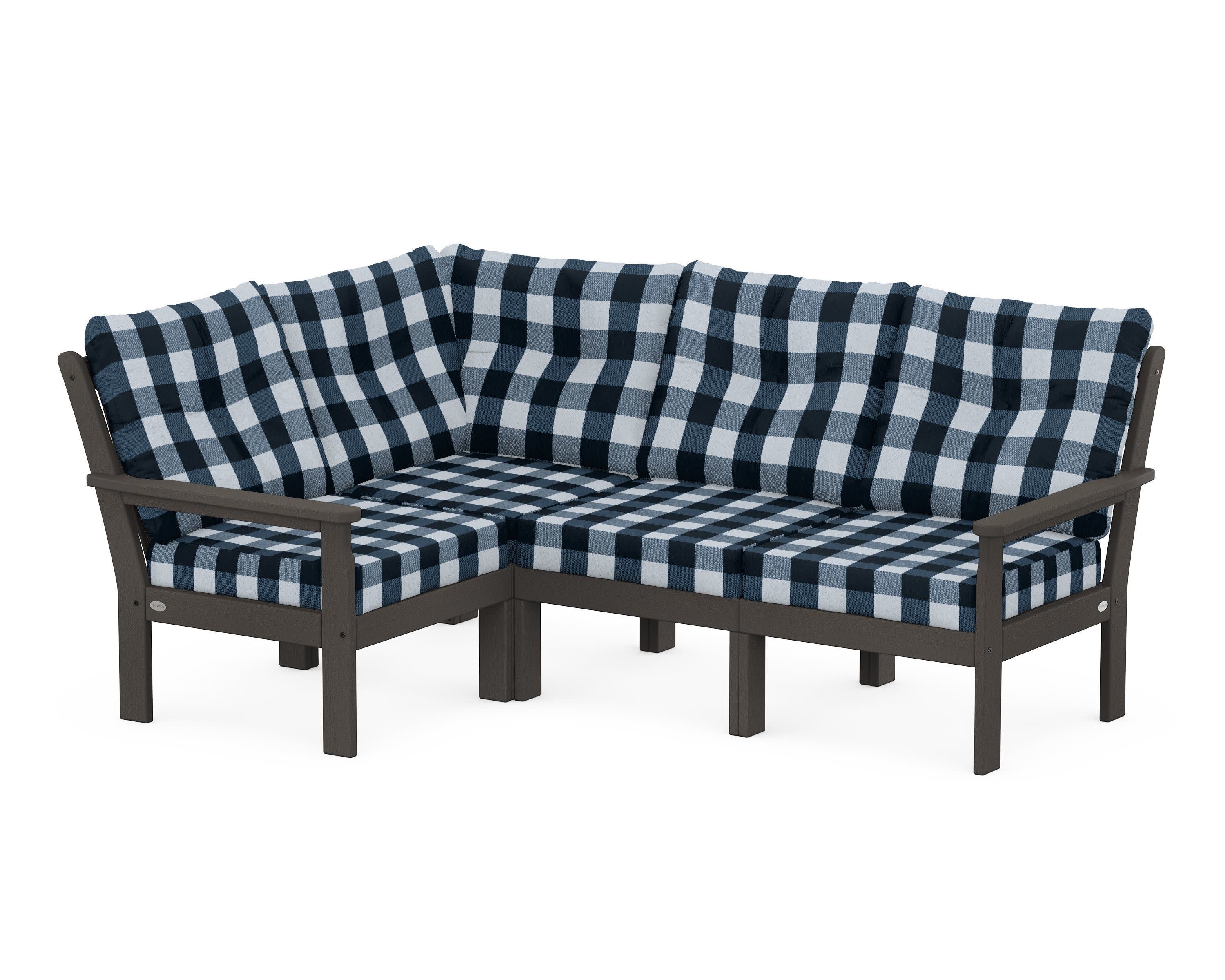 Vineyard 4-Piece Sectional in Vintage Coffee / Buffalo Plaid Marine Indigo