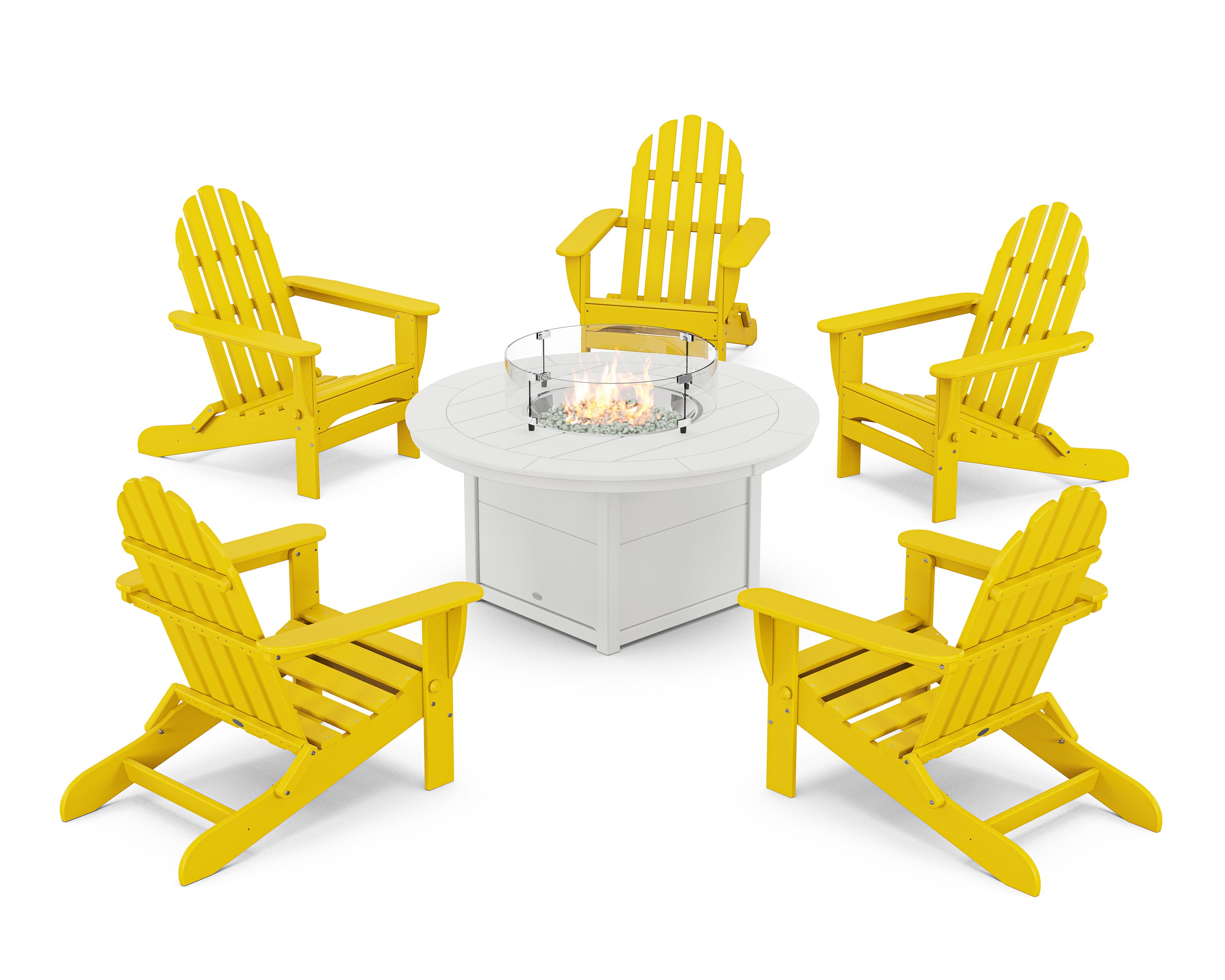 Classic Folding Adirondack 6-Piece Conversation Set with Fire Pit Table in Lemon / White