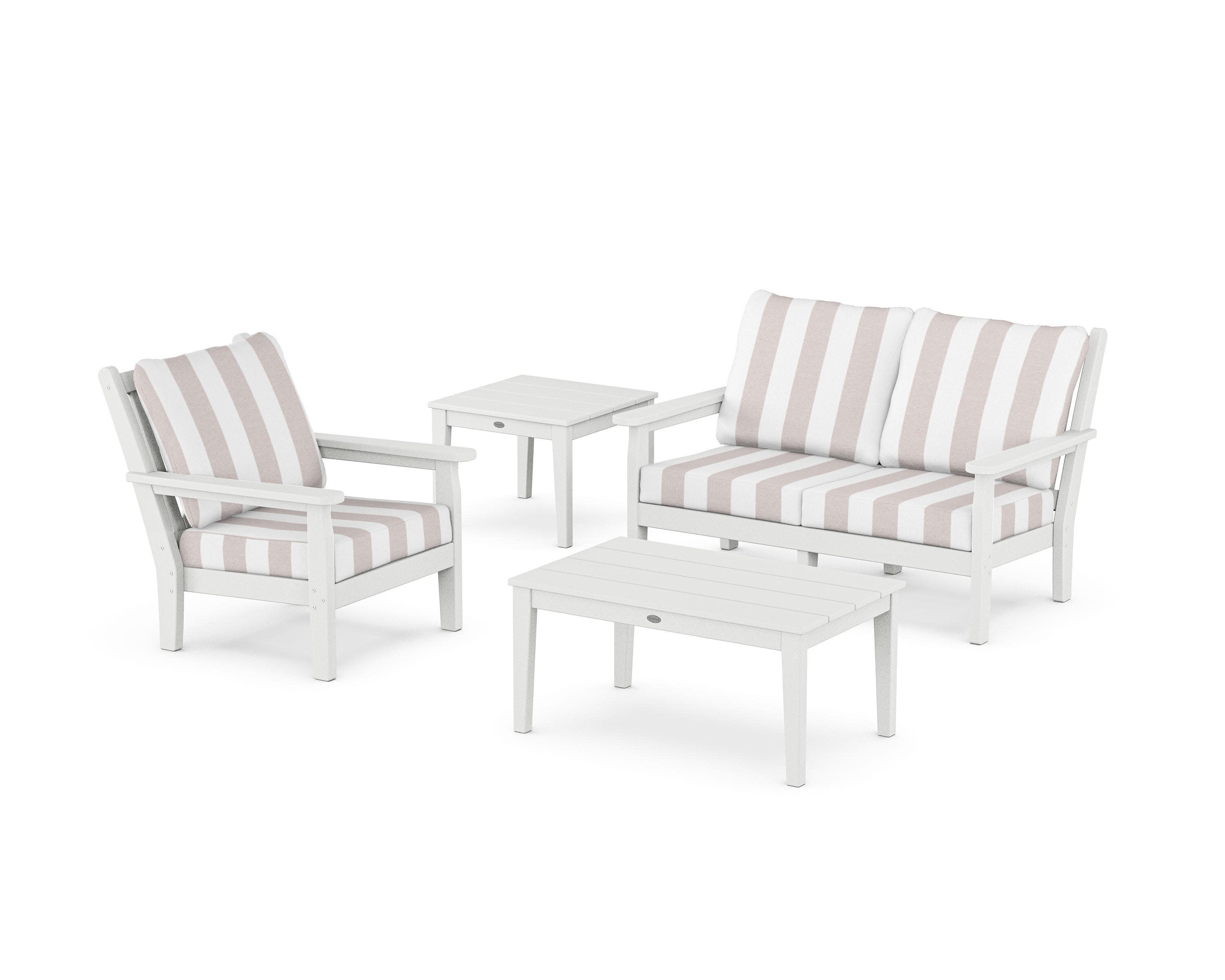Chippendale 4-Piece Deep Seating Set in White / Cabana Stripe Dune Burlap