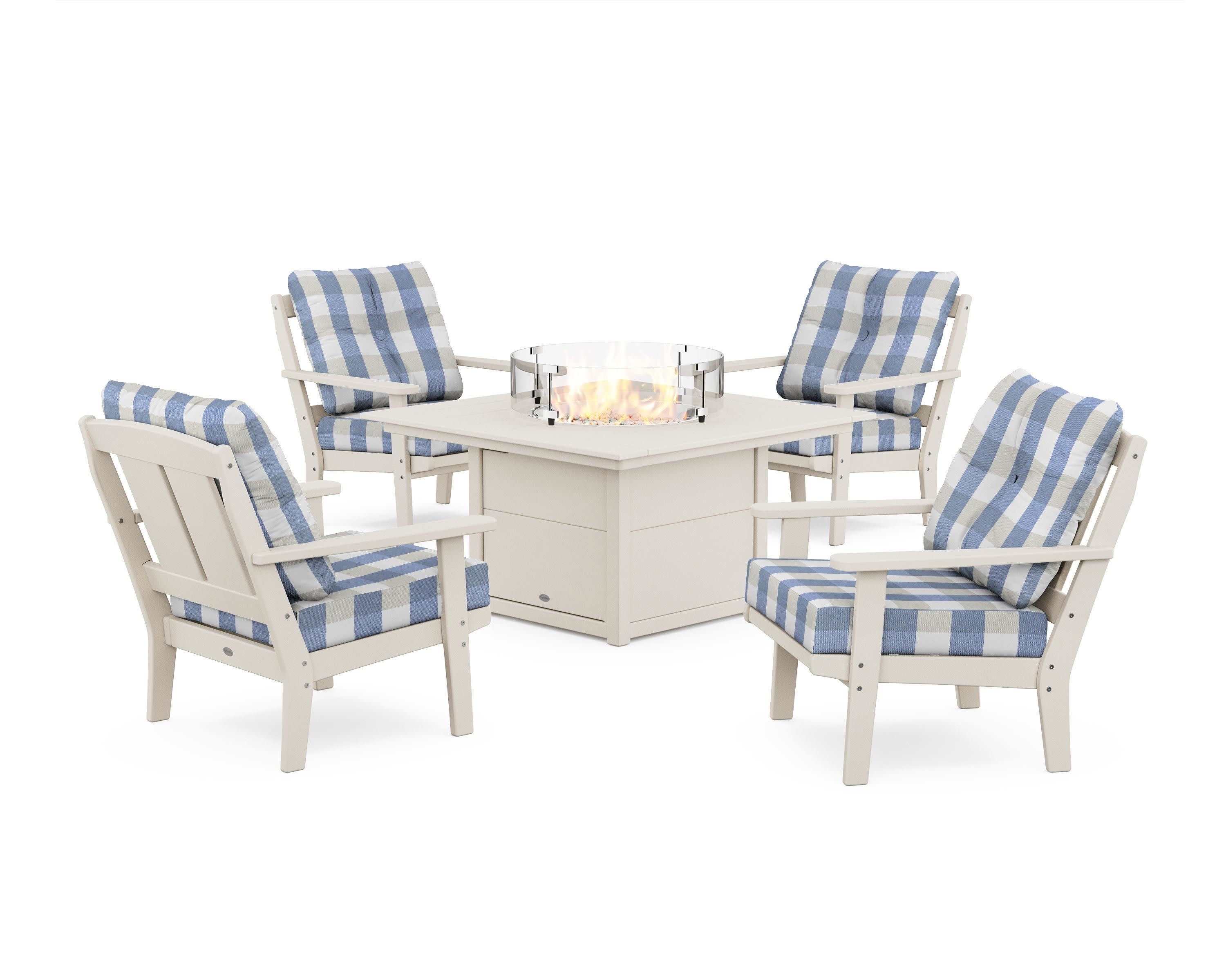 Mission 5-Piece Deep Seating Set with Fire Pit Table in Sand / Buffalo Plaid Sky Blue