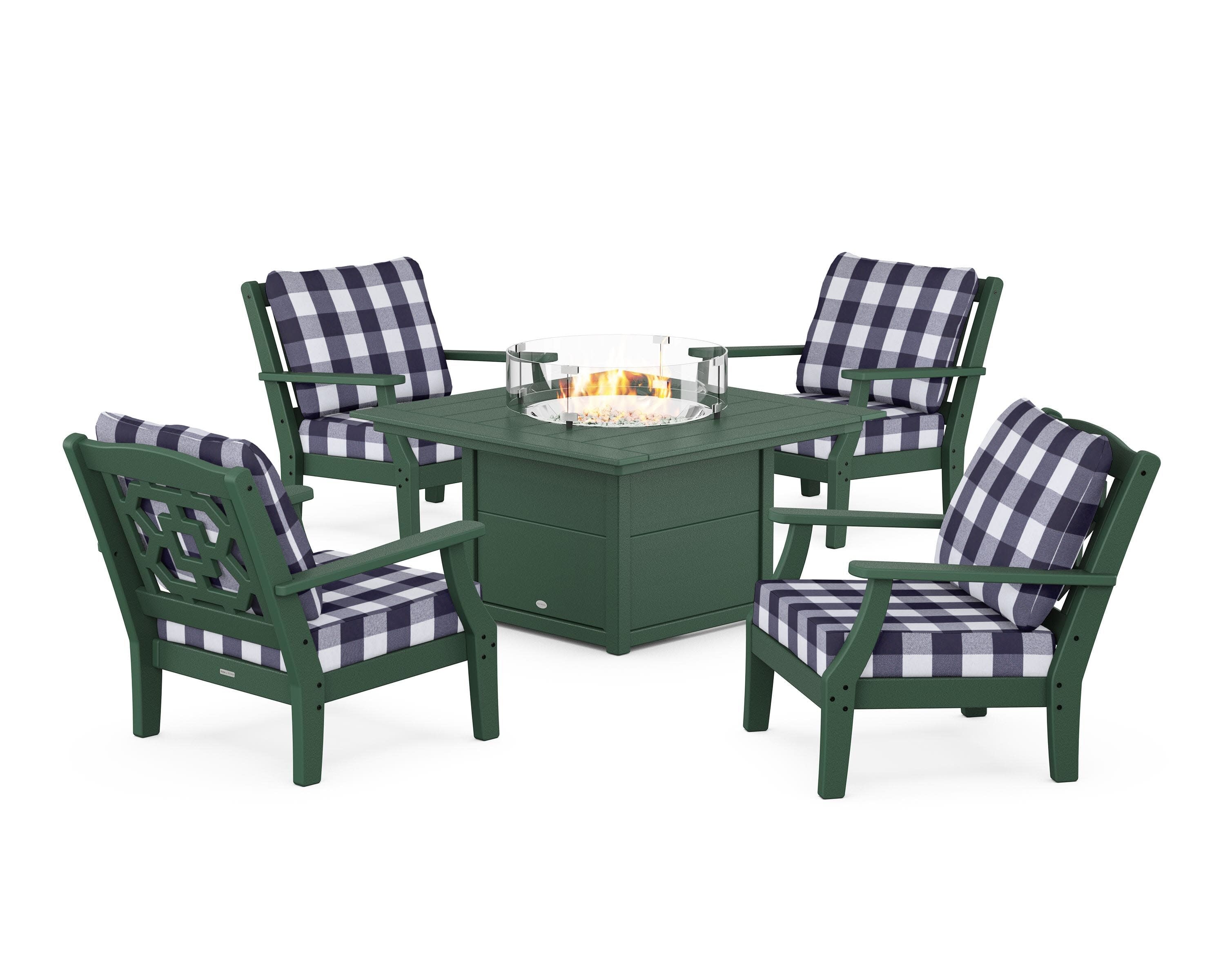 Chinoiserie 5-Piece Deep Seating Set with Fire Pit Table in Green / Buffalo Plaid Navy