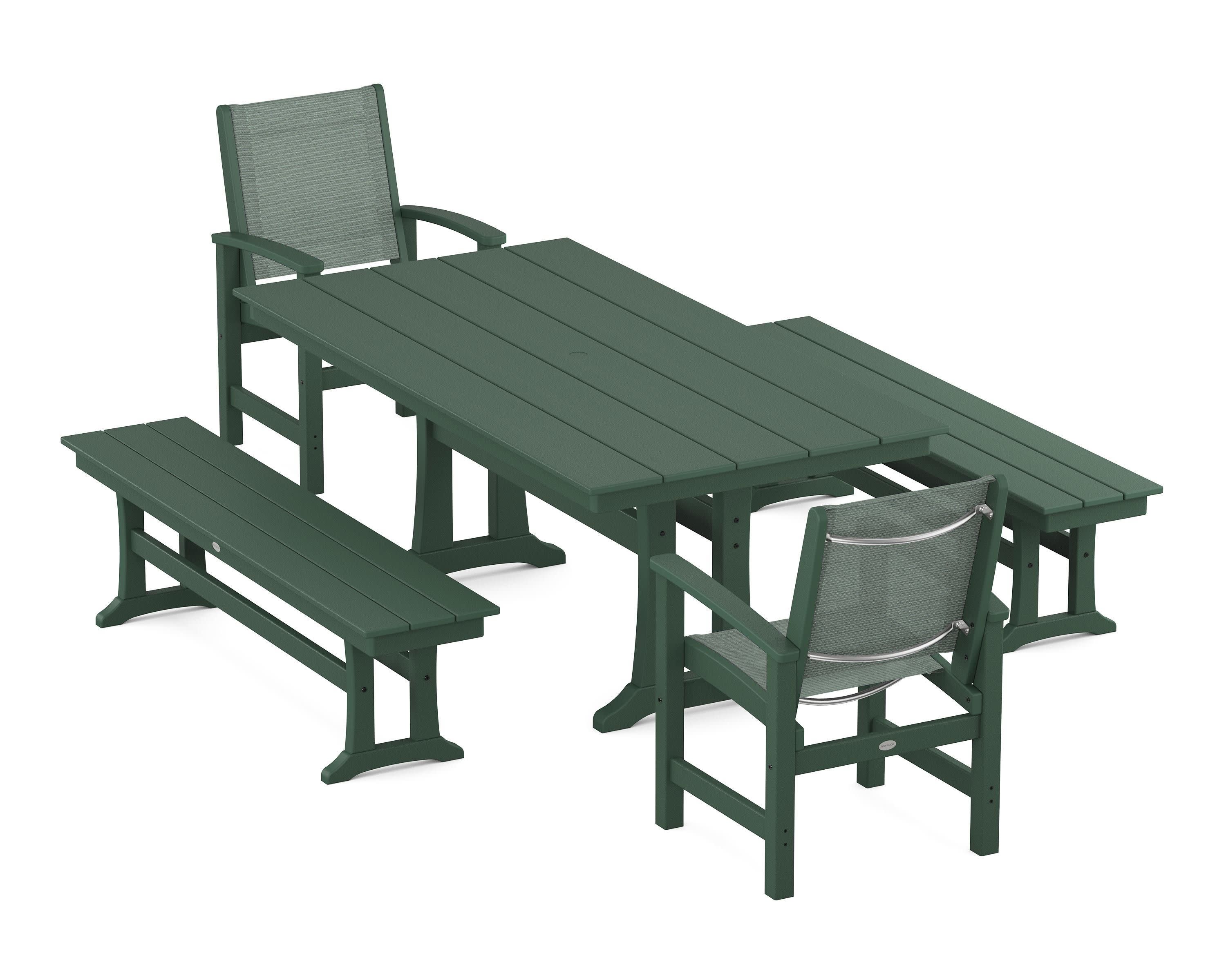 Coastal 5-Piece Farmhouse Dining Set with Trestle Legs and Benches in Green / Dupioni Sea Mist Sling