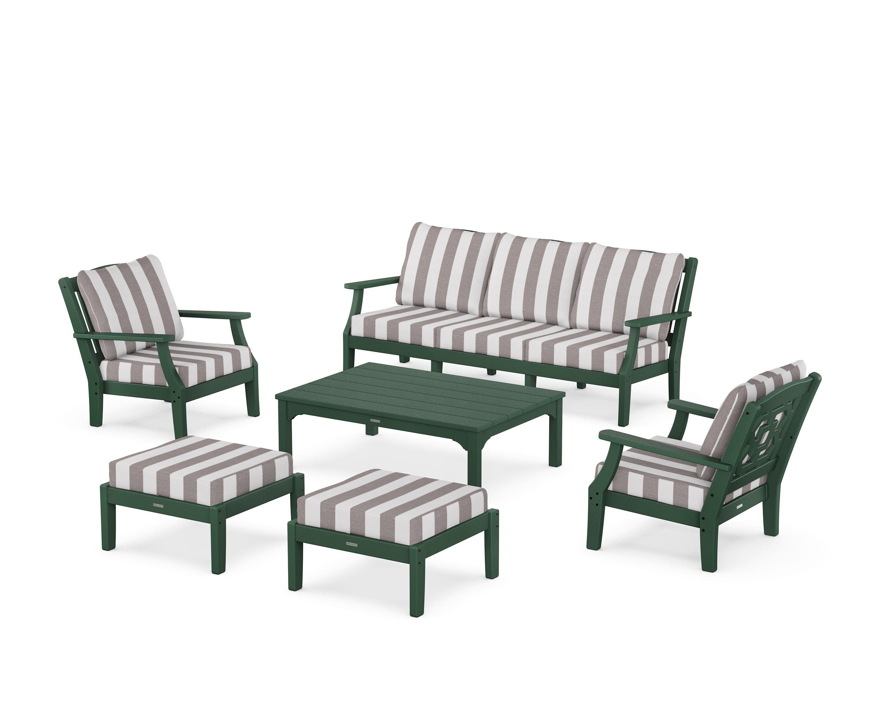 Chinoiserie 6-Piece Lounge Sofa Set in Green / Cabana Stripe Grey Mist