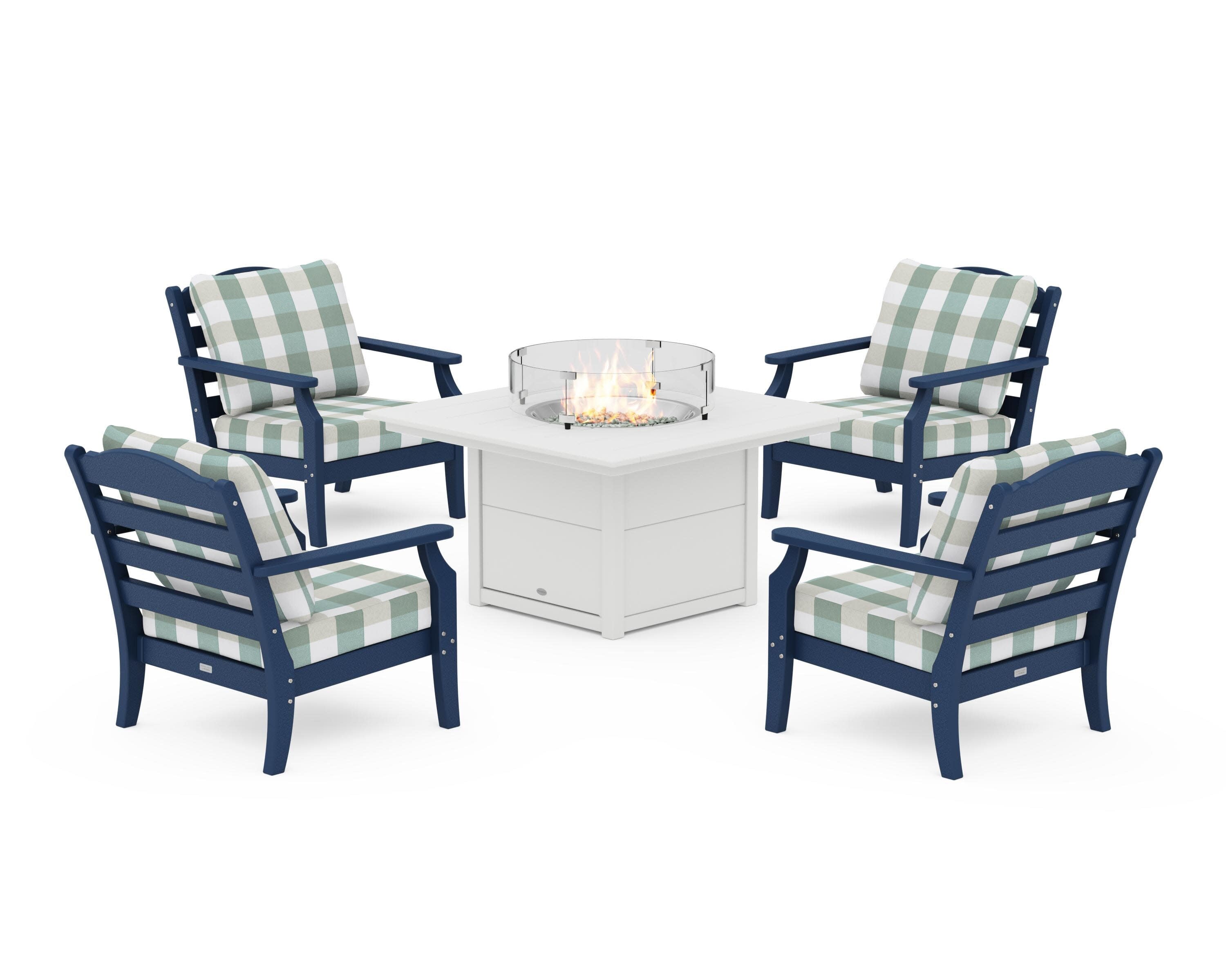 Savannah 5-Piece Deep Seating Set with Fire Pit Table in Navy / Buffalo Plaid Glacier Spa