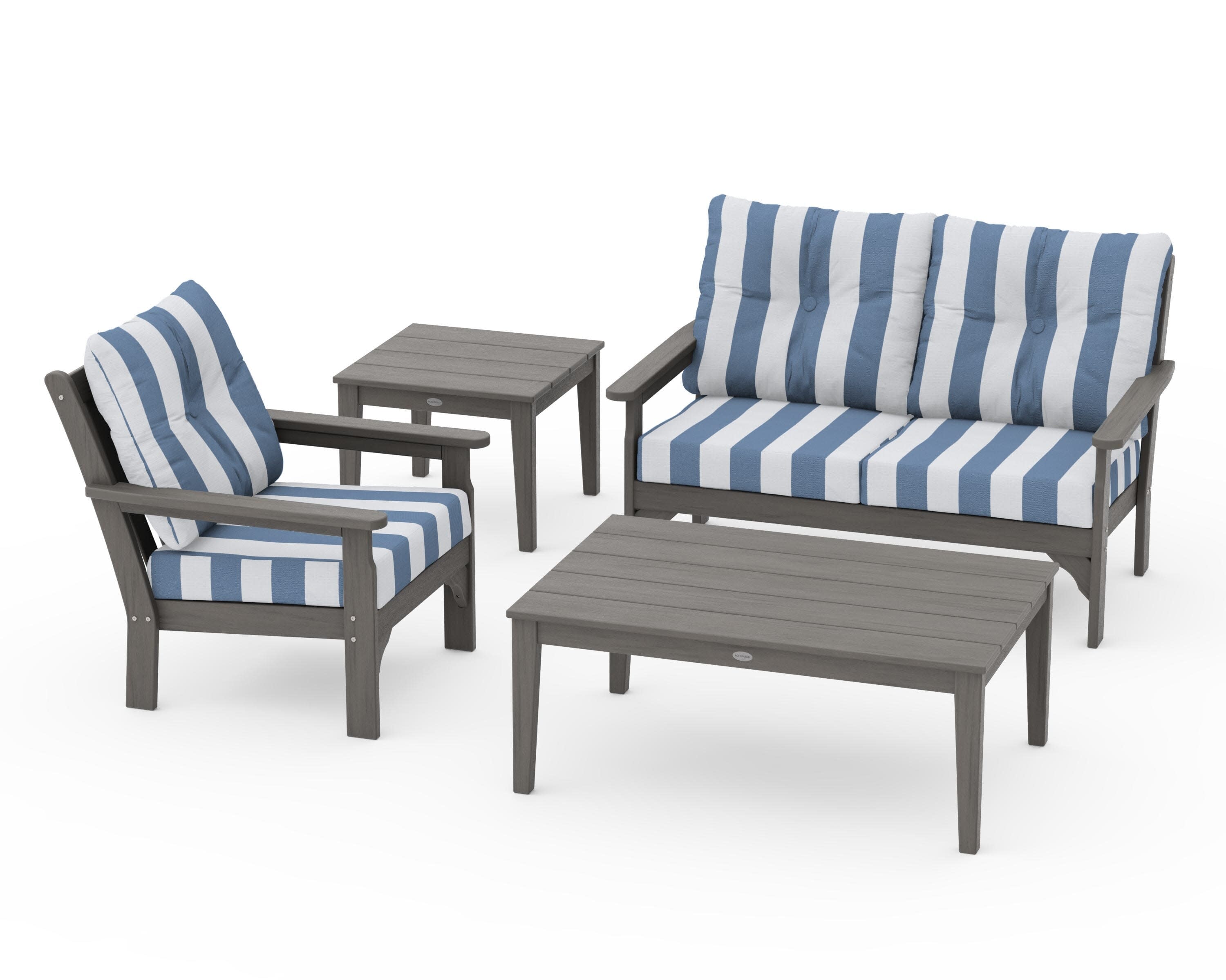 Vineyard 4-Piece Deep Seating Set in Driftwood / Cabana Stripe Sky Blue