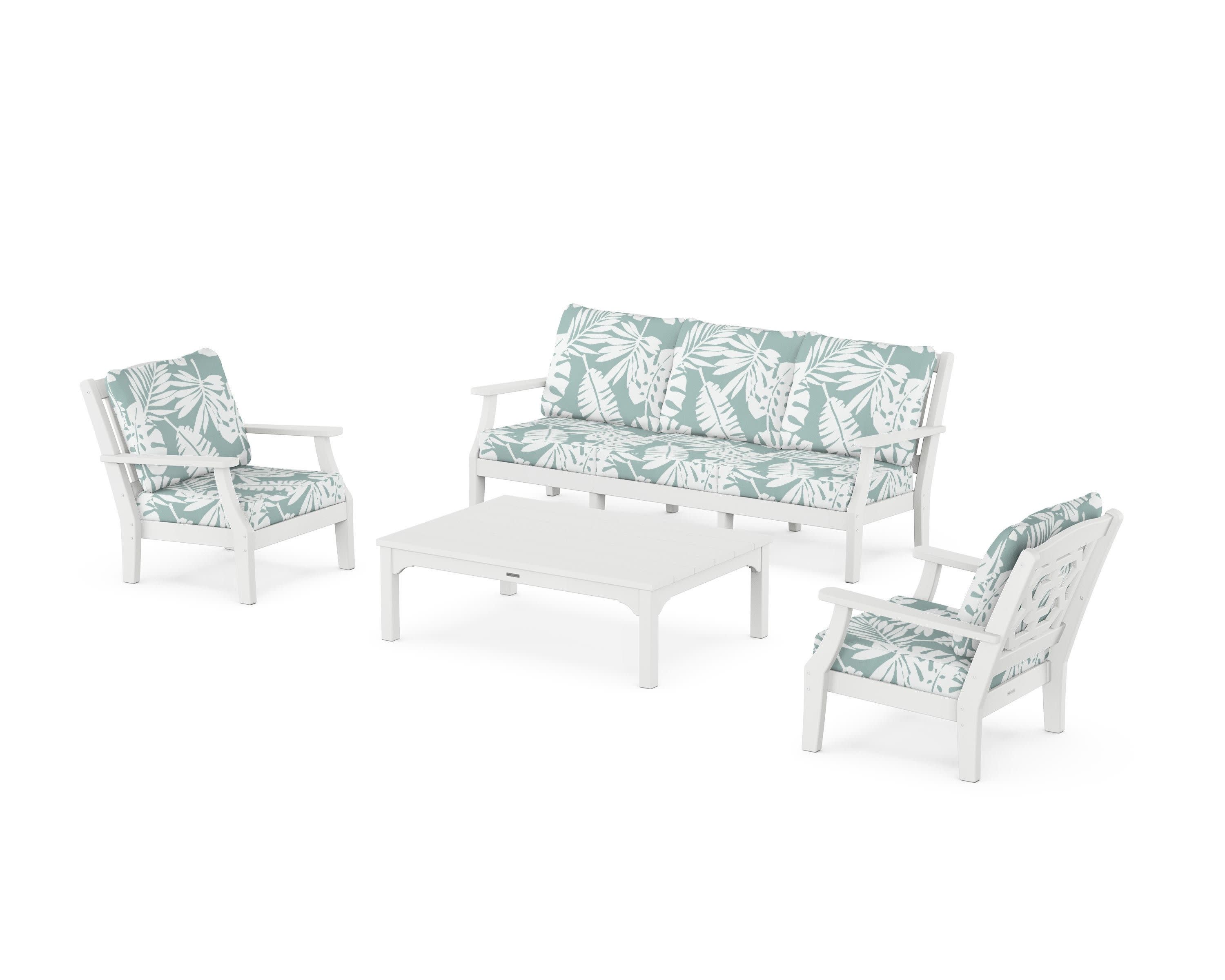 Chinoiserie 4-Piece Deep Seating Set with Sofa in White / Leaf Glacier Spa