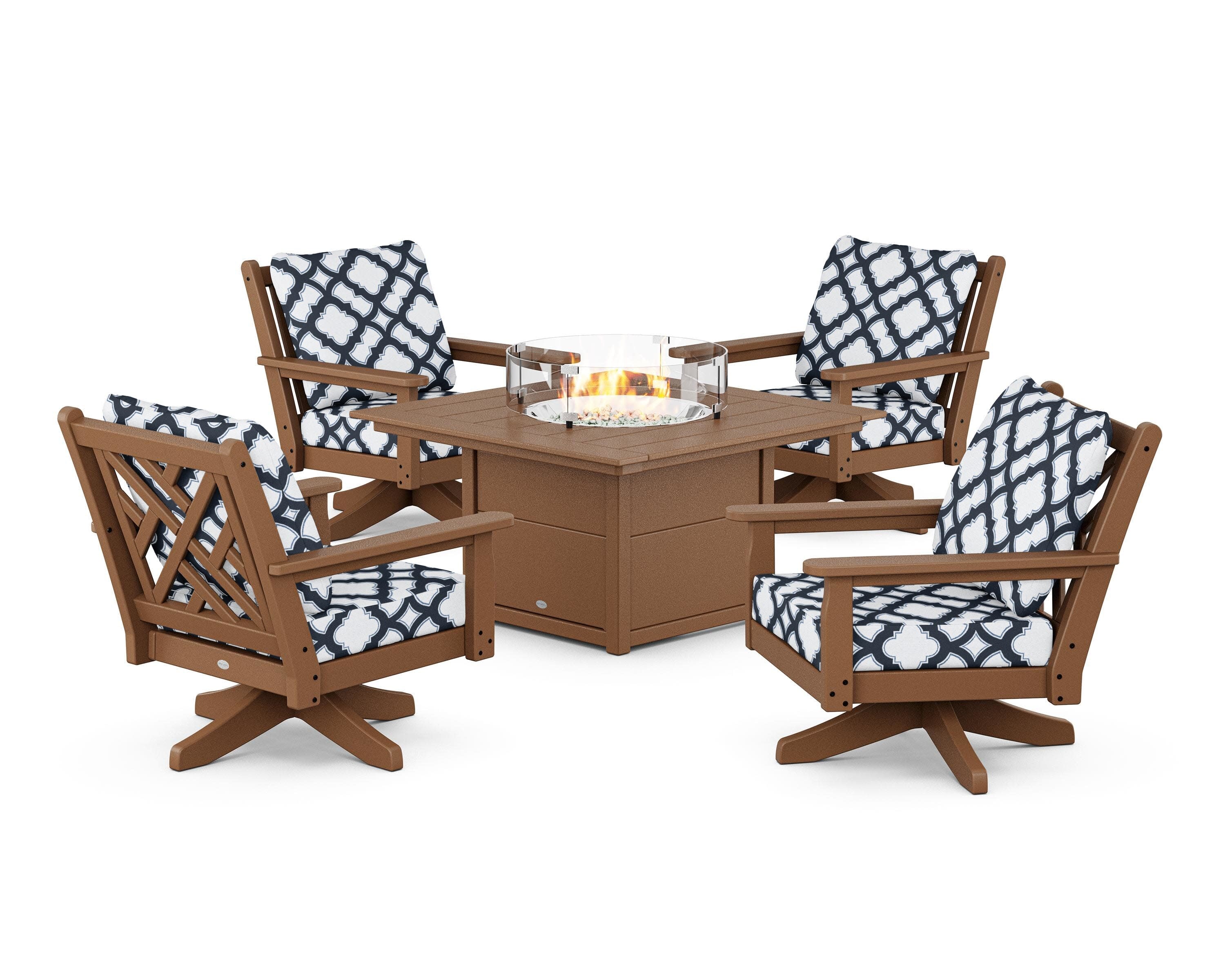 Chippendale 5-Piece Deep Seating Swivel Conversation Set with Fire Pit Table in Teak / Trellis Marine Indigo