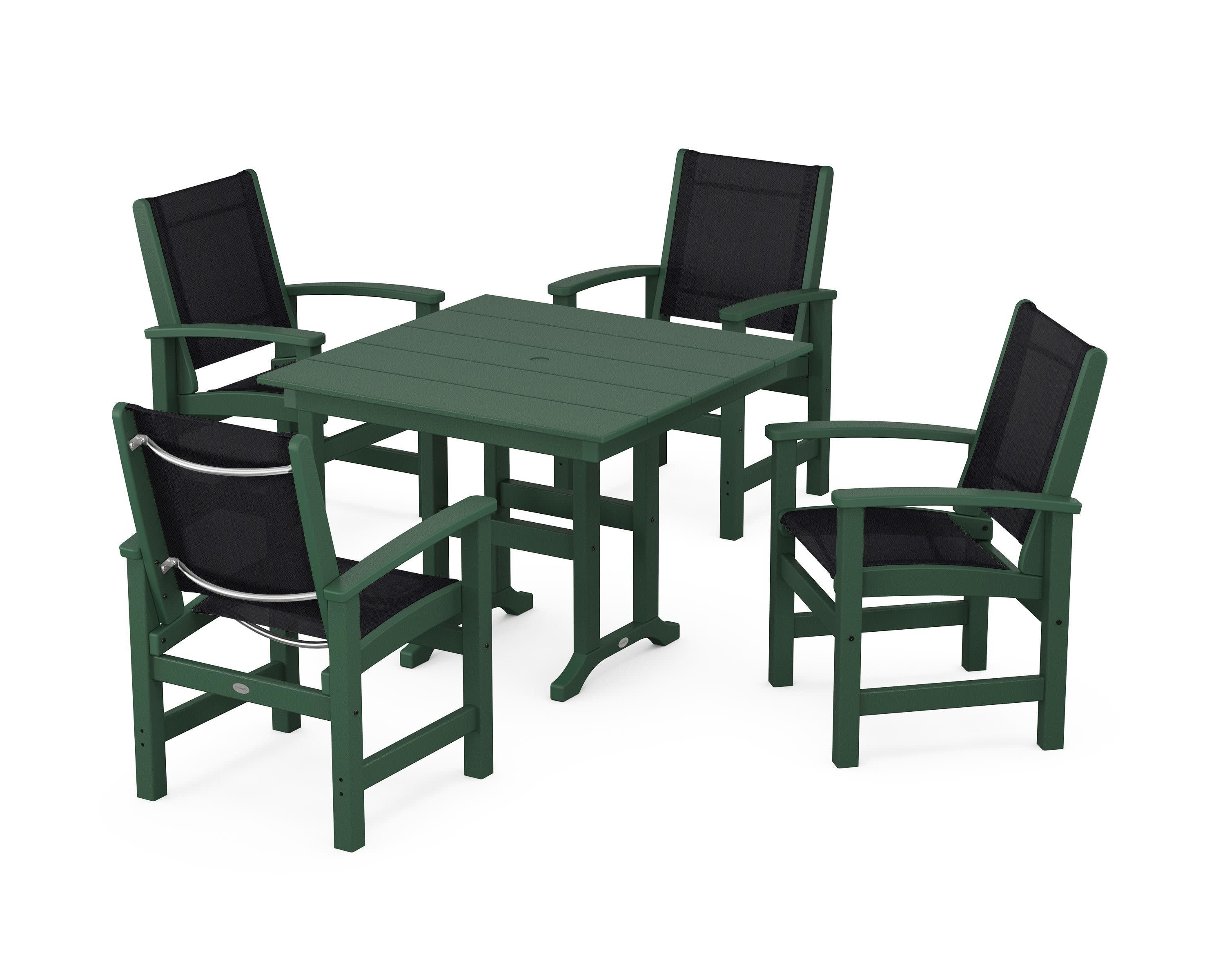 Coastal 5-Piece Farmhouse Dining Set in Green / Black Sling
