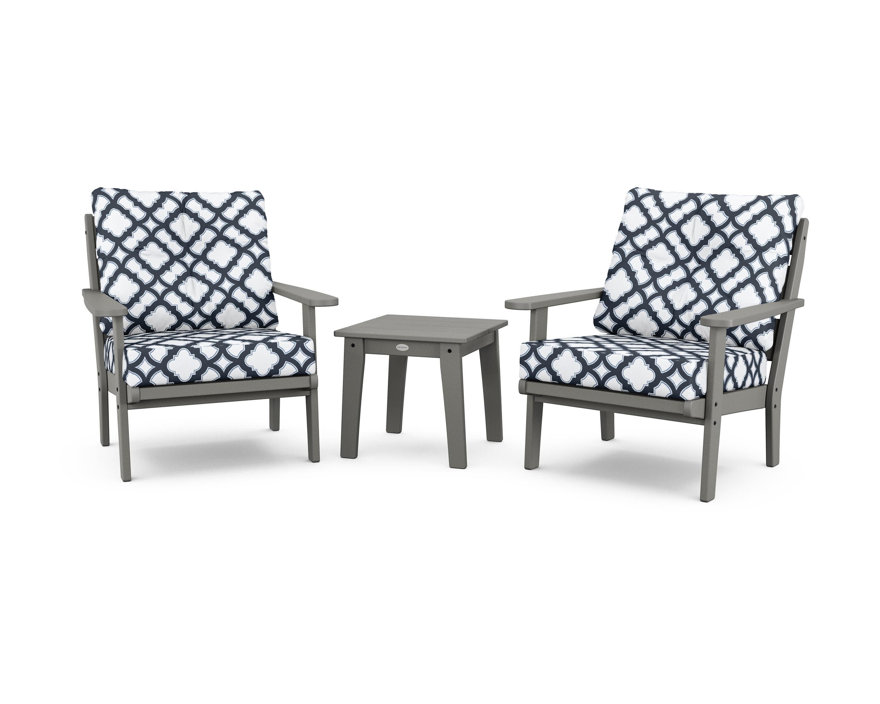 Lakeside 3-Piece Deep Seating Chair Set in Slate Grey / Trellis Marine Indigo