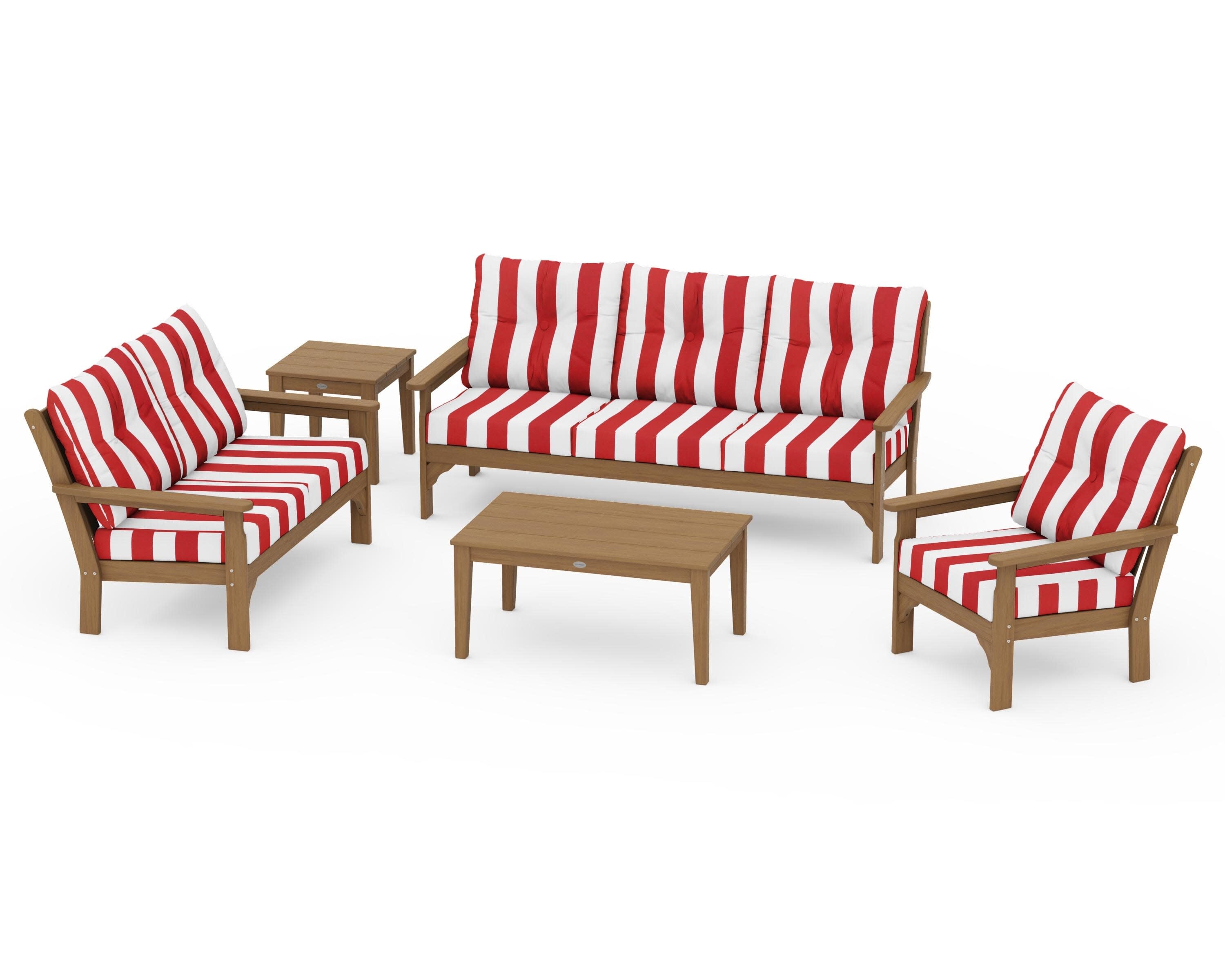 Vineyard 5 Piece Deep Seating Set in Natural / Cabana Stripe Crimson