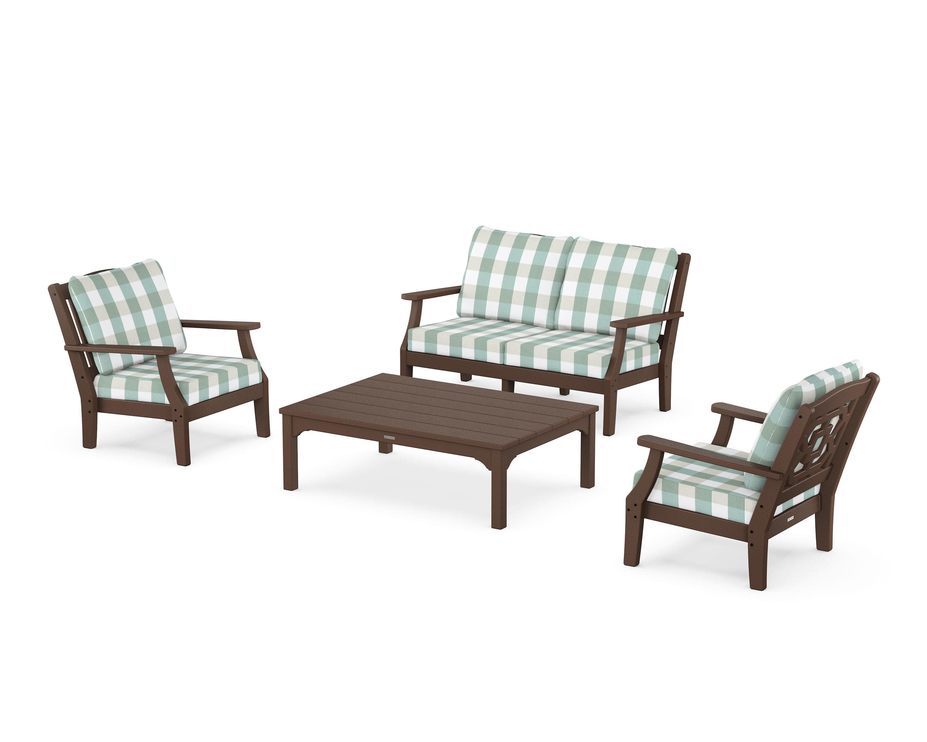 Chinoiserie 4-Piece Deep Seating Set with Loveseat in Mahogany / Buffalo Plaid Glacier Spa