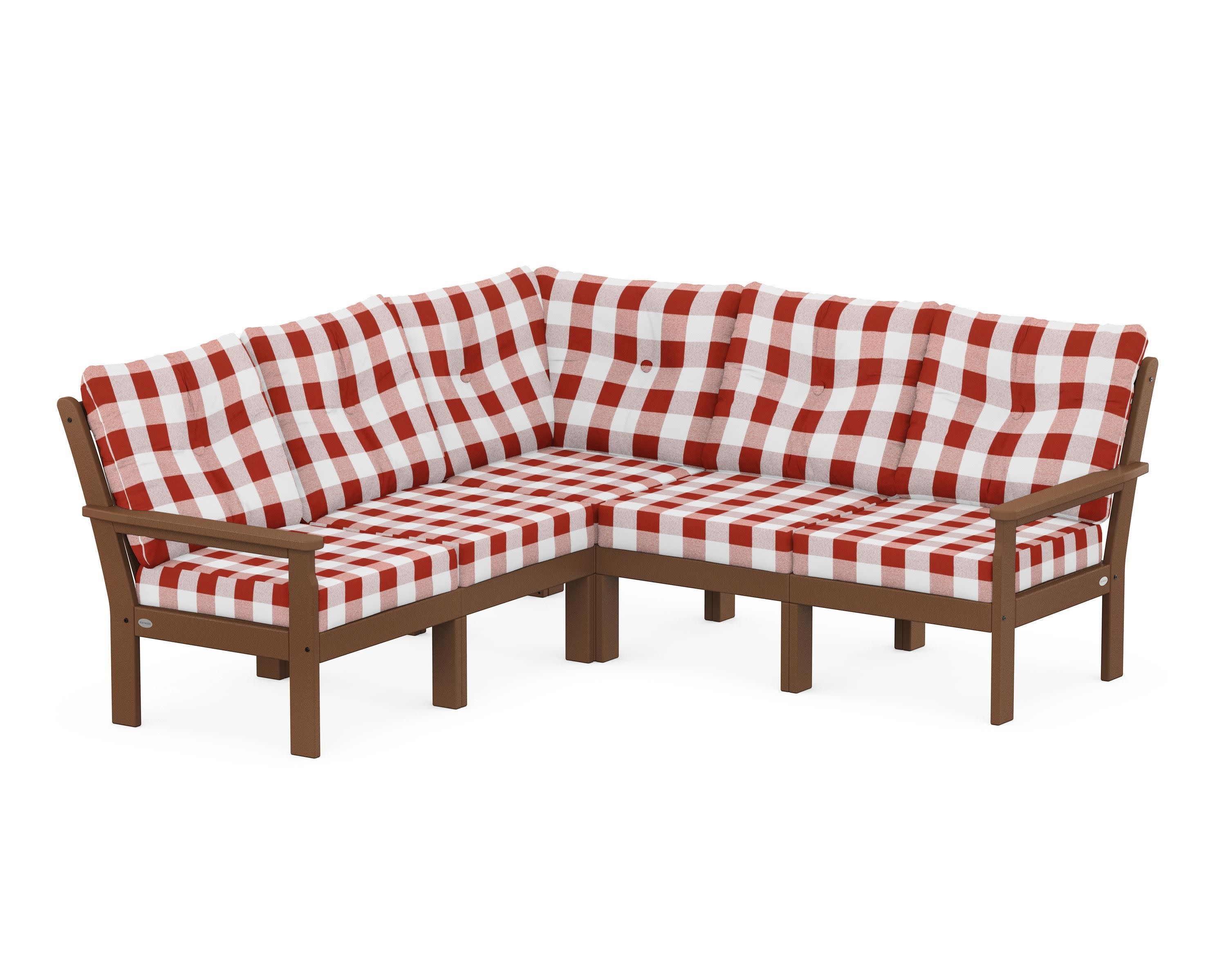 Vineyard 5-Piece Sectional in Teak / Buffalo Plaid Crimson
