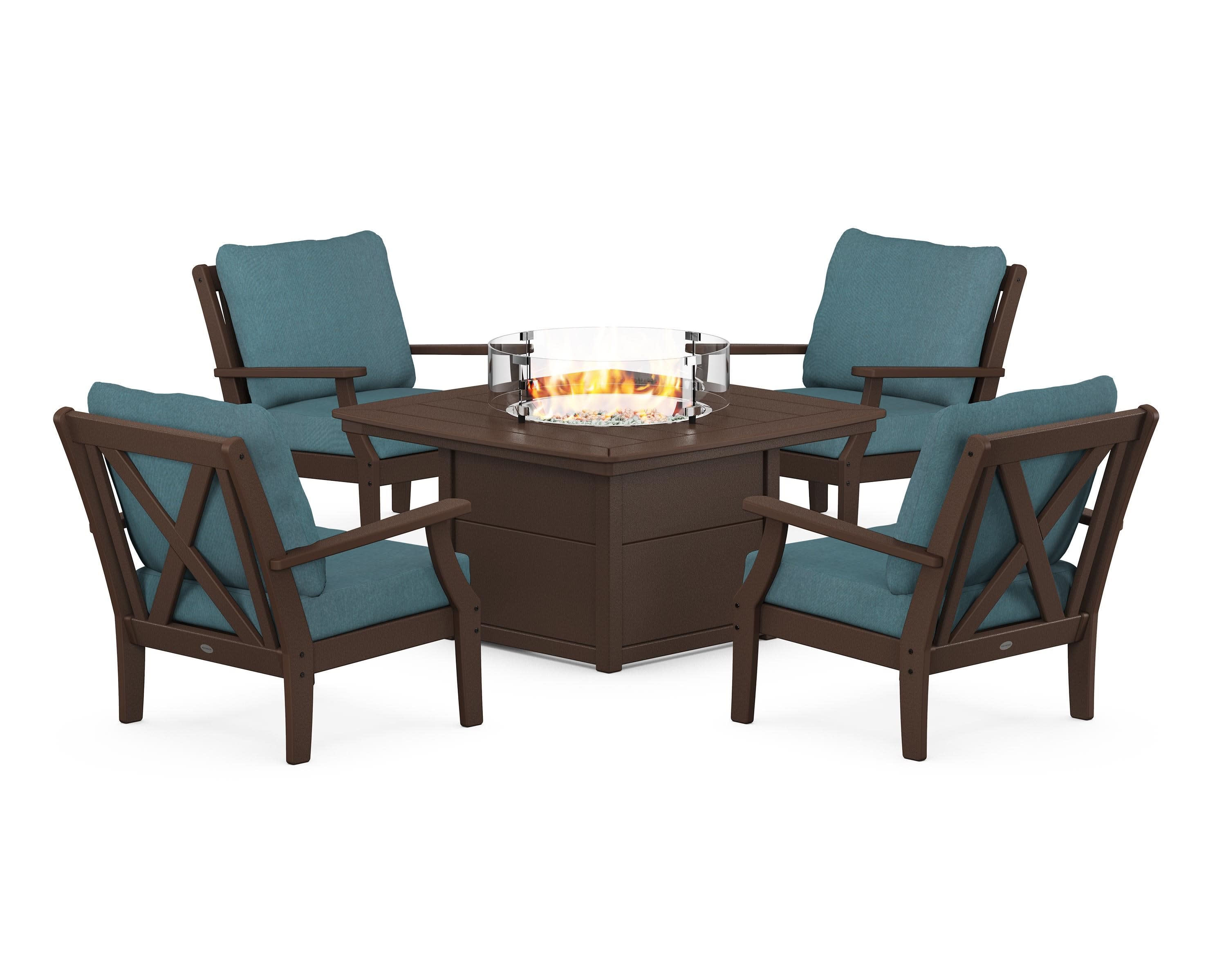 Braxton 5-Piece Deep Seating Conversation Set with Fire Pit Table in Mahogany / Ocean Teal